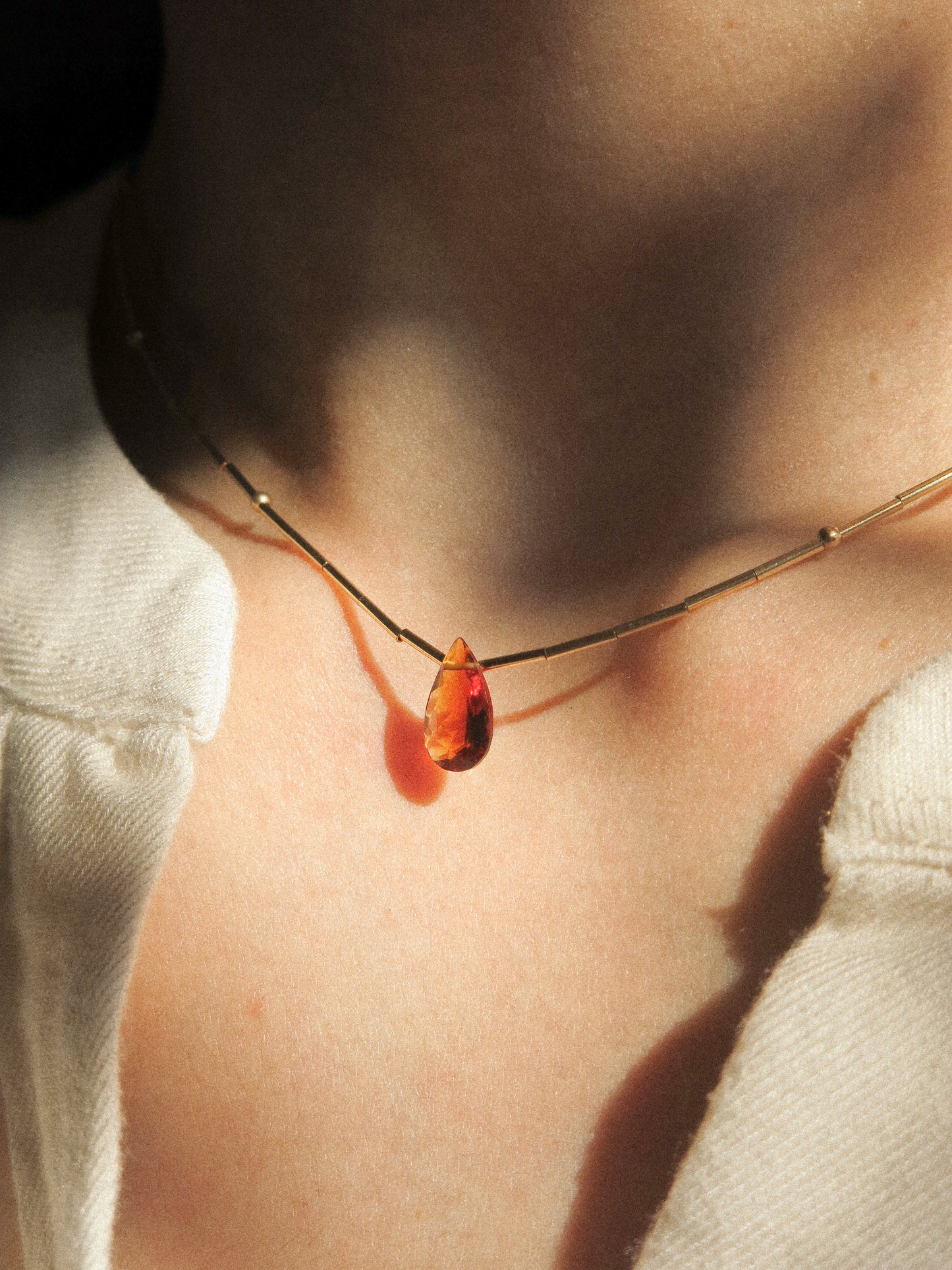 Faceted Brandy Citrine Teardrop and Delicate Tube Strung Necklace with Matte Gold Fill Ball Accent, 16", 14k Gold Fill