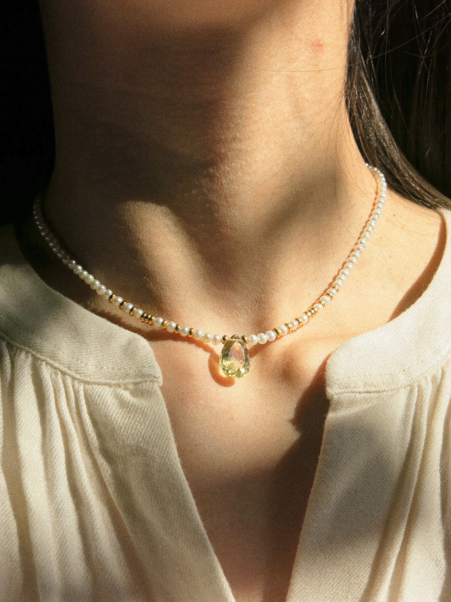 Yellow Green Apatite and White Pearl Strung Choker Necklace, 14.5", 14K Gold Fill