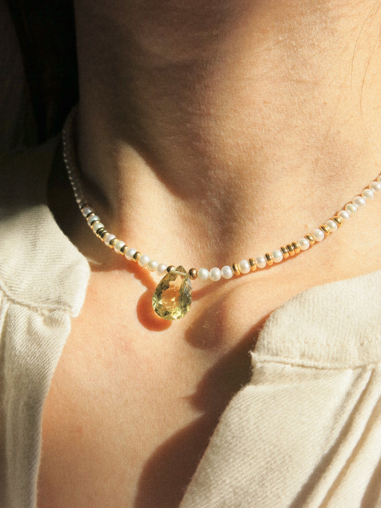 Yellow Green Apatite and White Pearl Strung Choker Necklace, 14.5", 14K Gold Fill