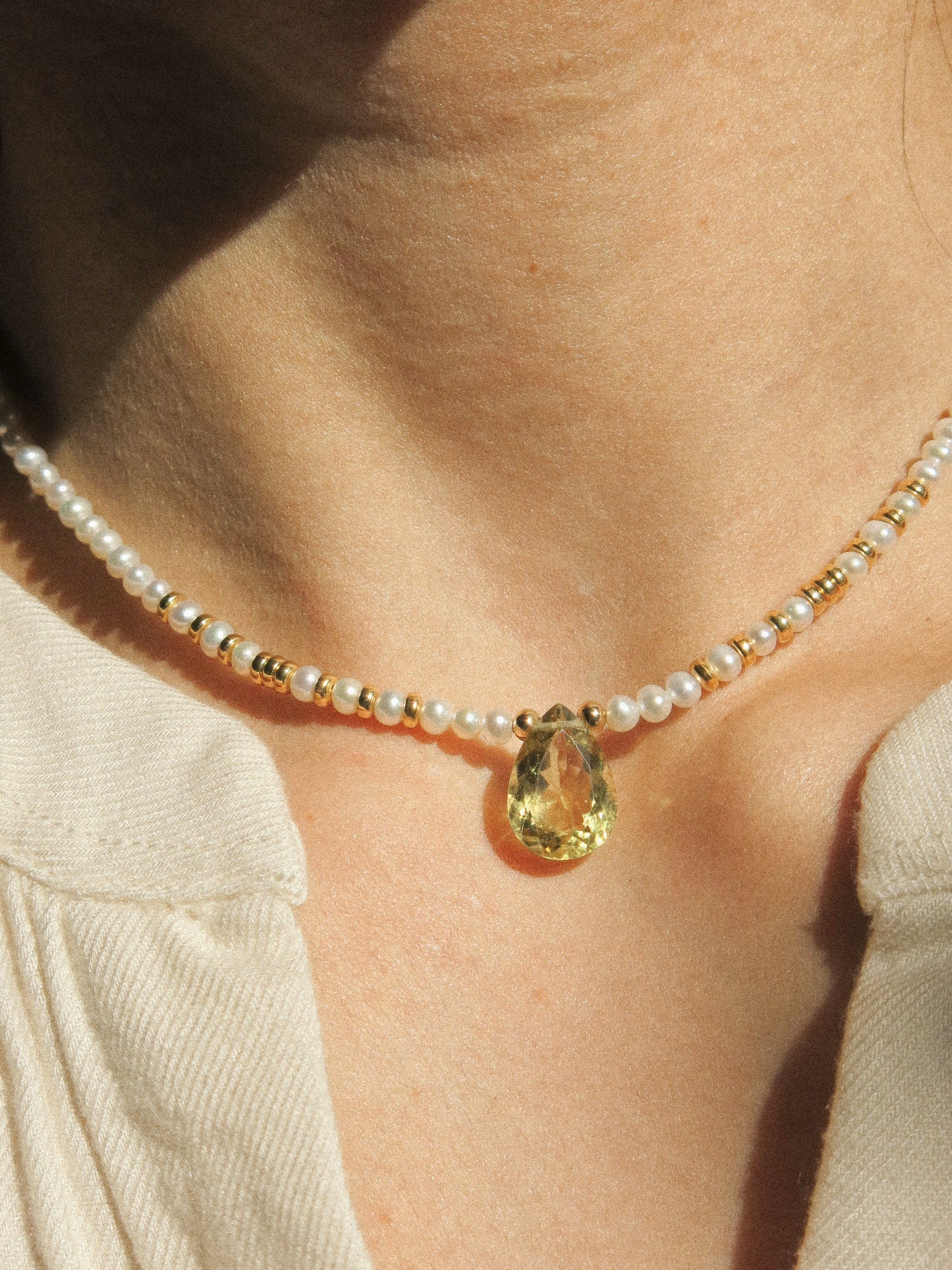 Yellow Green Apatite and White Pearl Strung Choker Necklace, 14.5", 14K Gold Fill
