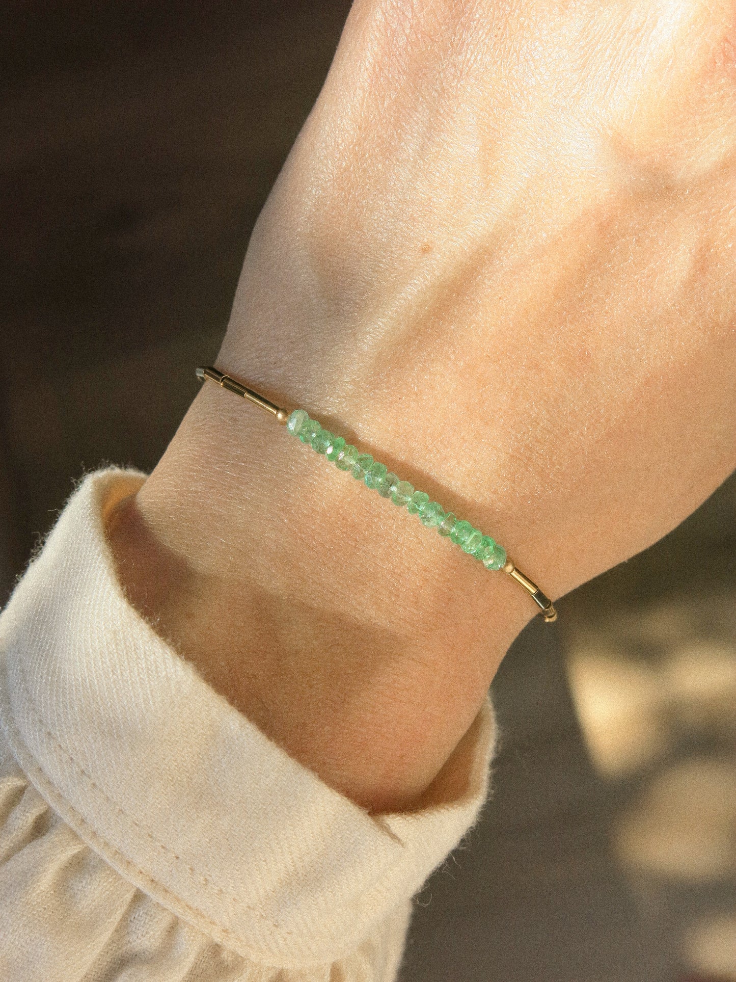 AAA Zambian Emerald and 14K Gold Fill Tube beads Bracelet with Magnetic Clasp, 6.5", 14K Gold Fill