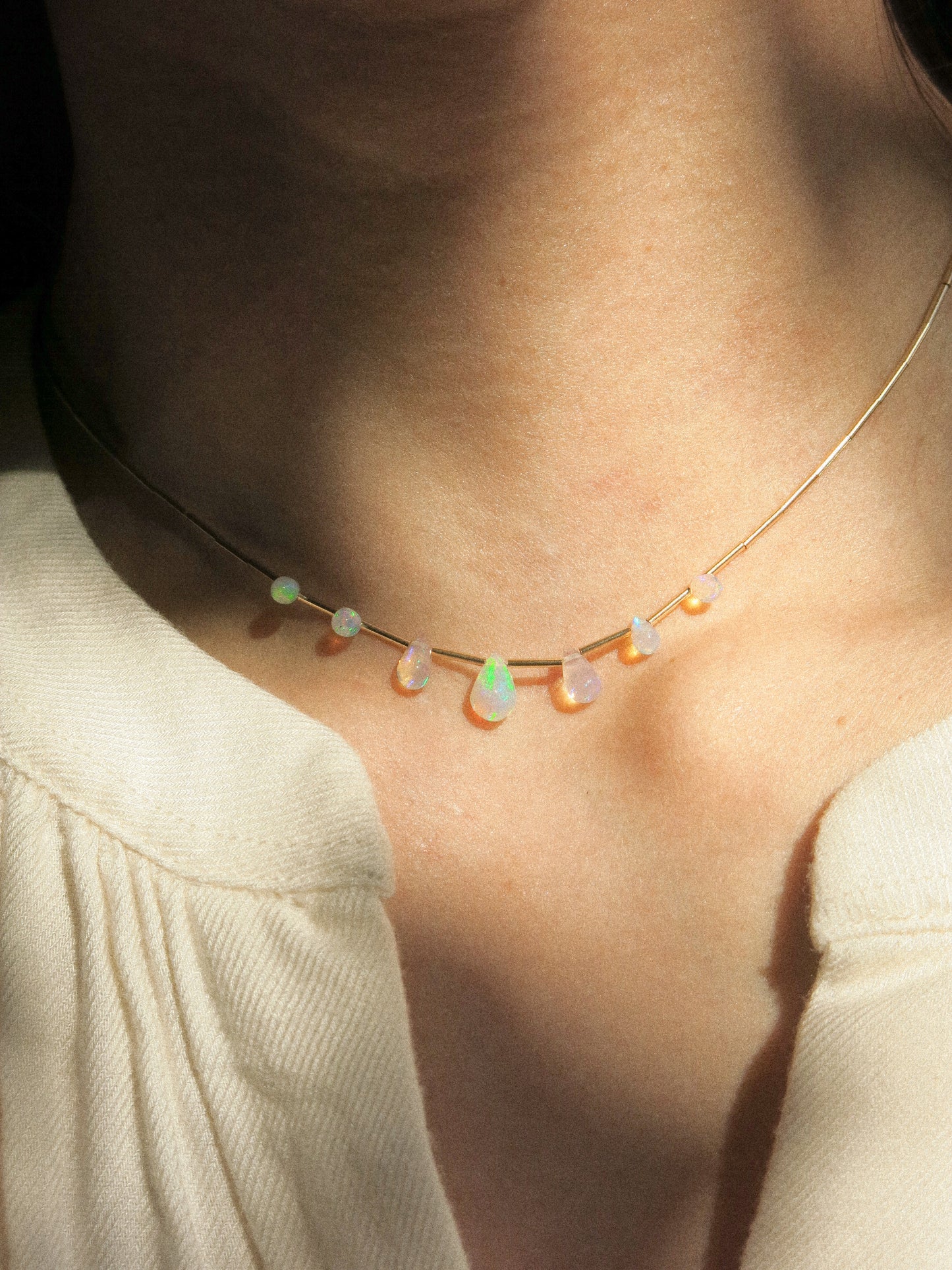 Ethiopian Opal Drop and Delicate Tube Strung Necklace, 14.5", 14k Gold Fill
