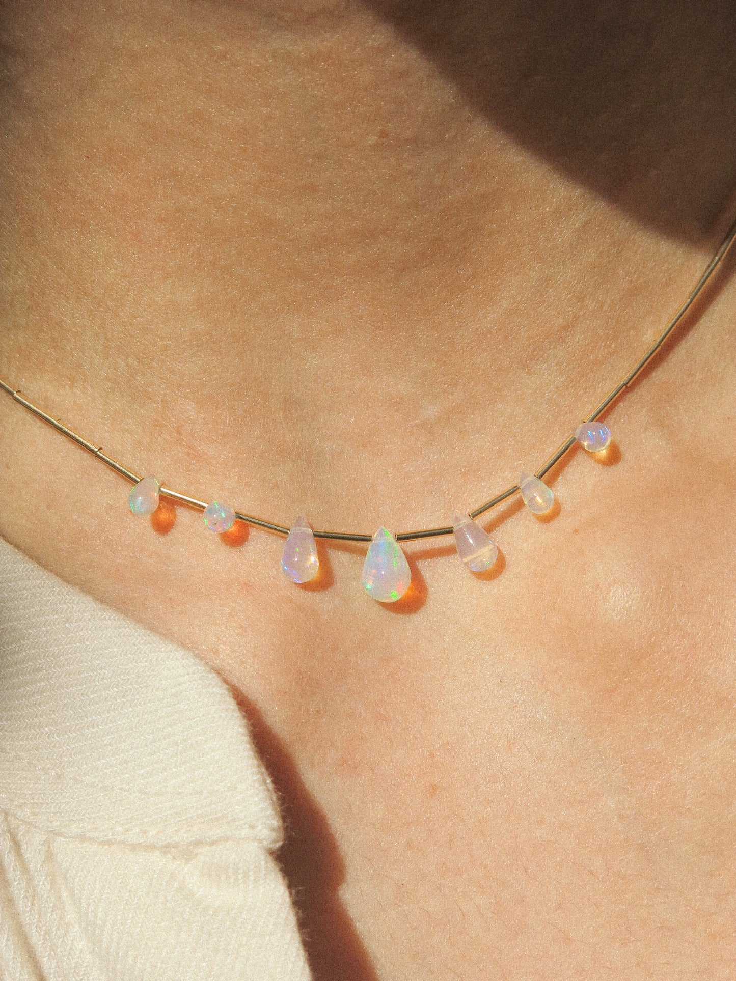 Ethiopian Opal Drop and Delicate Tube Strung Necklace, 14.5", 14k Gold Fill