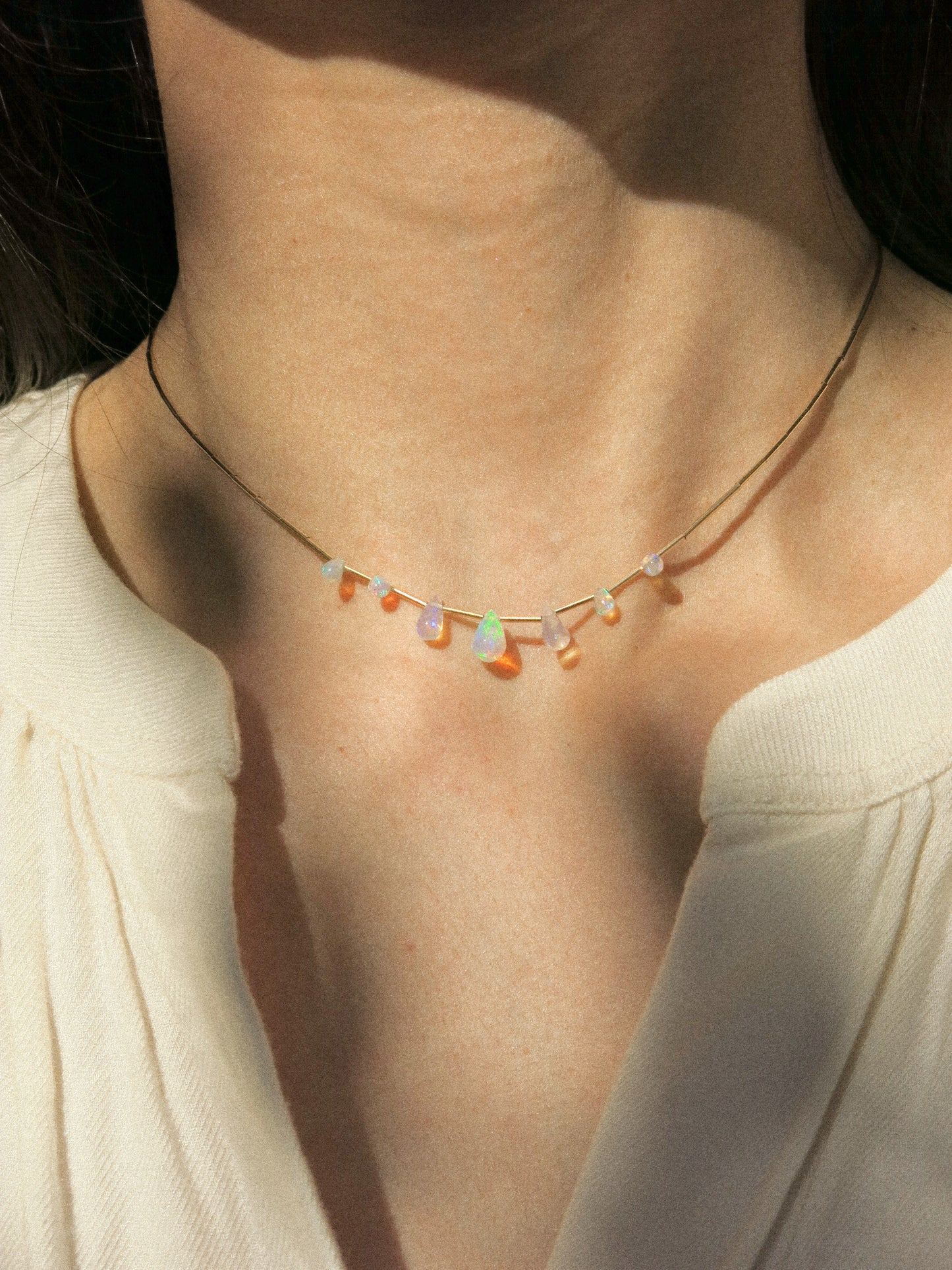 Ethiopian Opal Drop and Delicate Tube Strung Necklace, 14.5", 14k Gold Fill