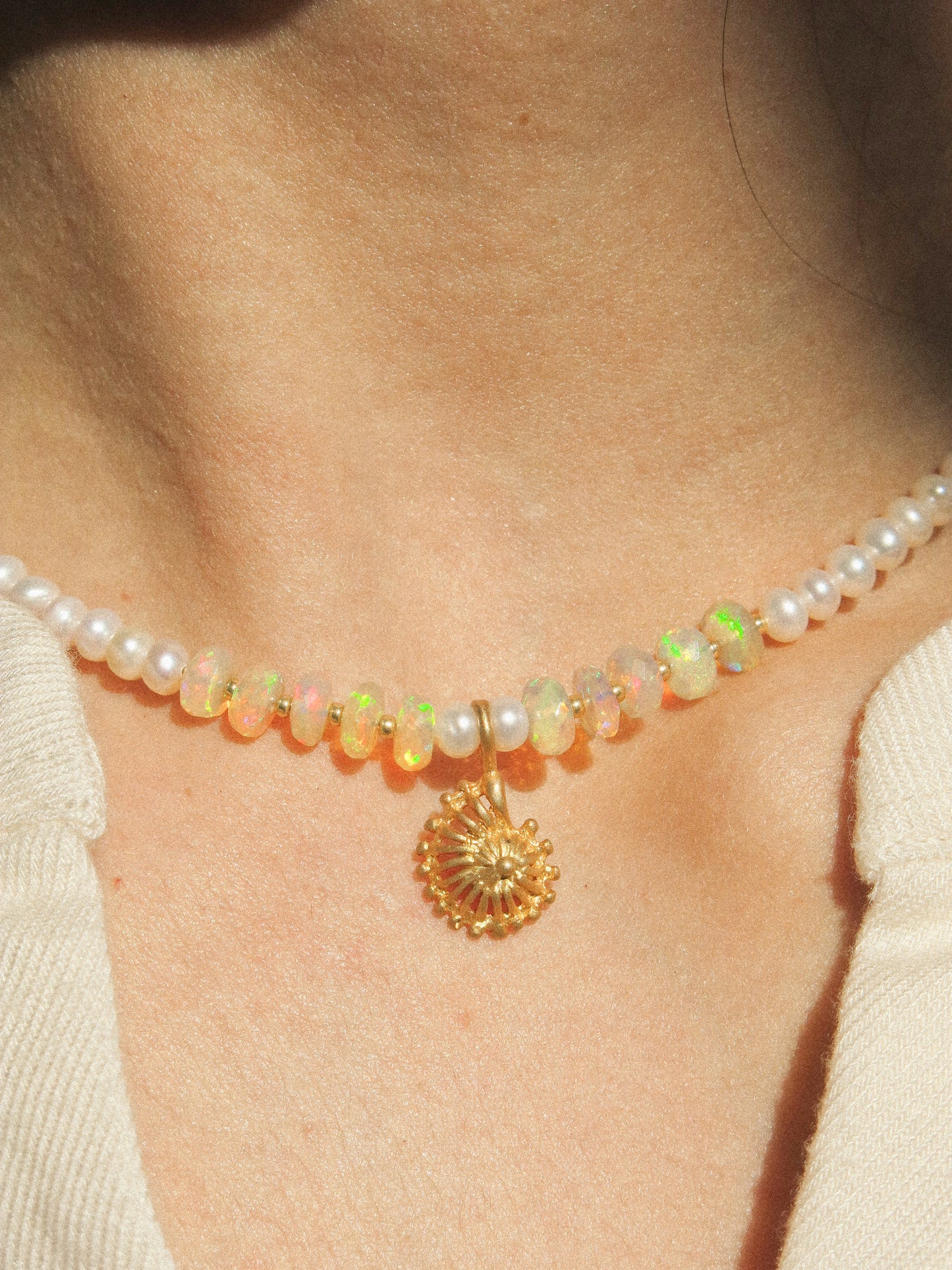 Matte Gold Vermeil Seashell Charm on Ethiopian Welo Opal and White Pearl Strung Choker Necklace, 15", 14k Gold Fill