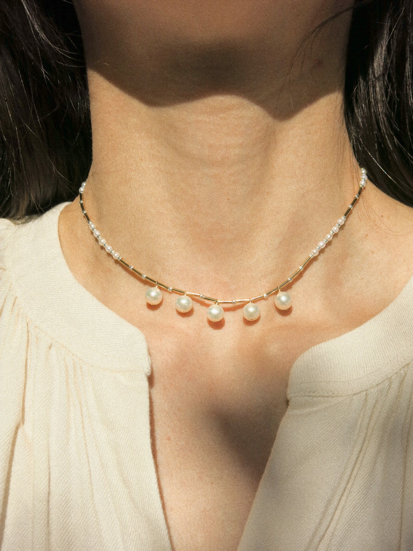 White Round Pearl Strung Choker Necklace with Tube Beads, Rice Pearls and Silver Miyuki Beads, 14", 14k Gold Fill