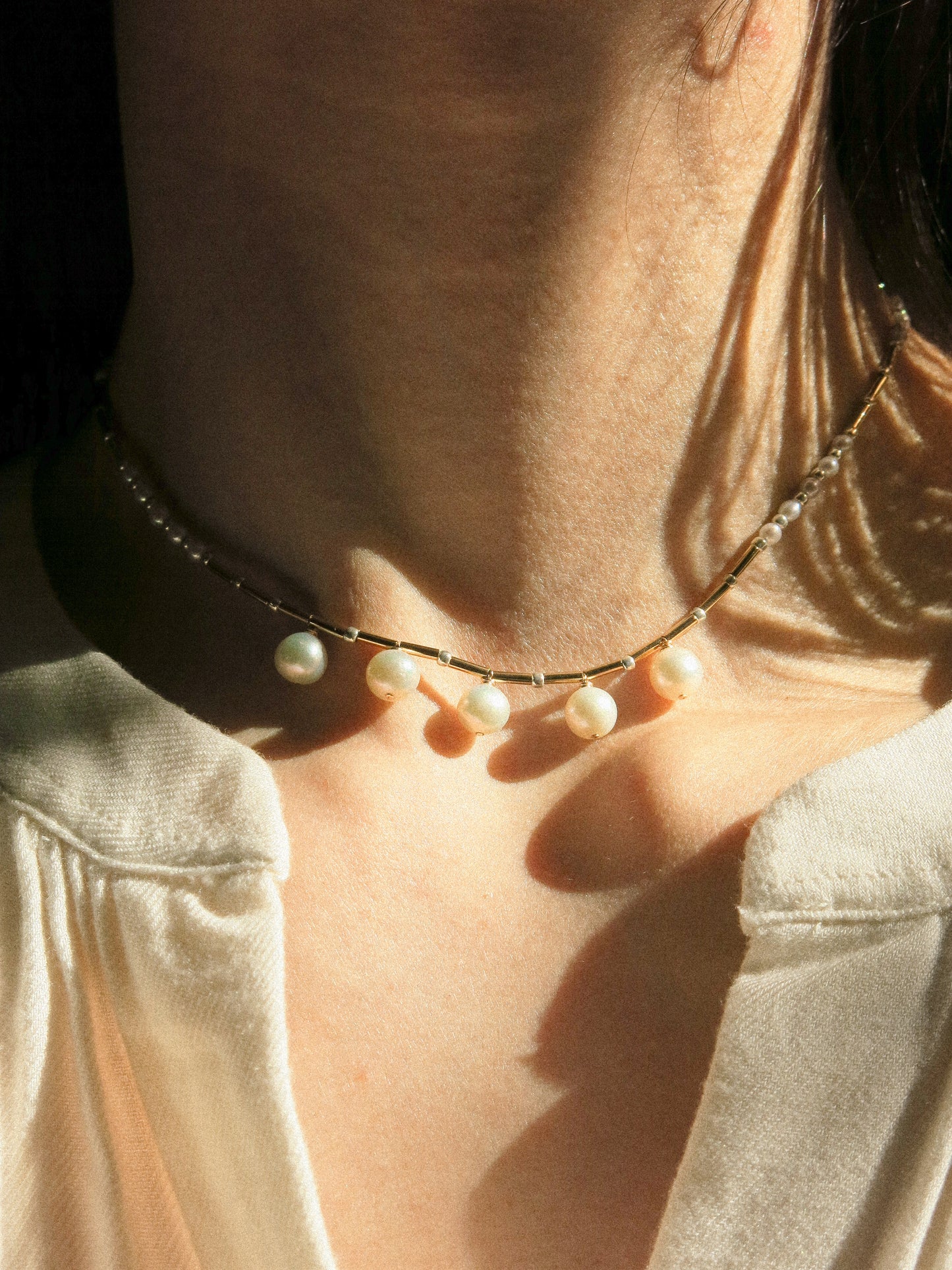 White Round Pearl Strung Choker Necklace with Tube Beads, Rice Pearls and Silver Miyuki Beads, 14", 14k Gold Fill