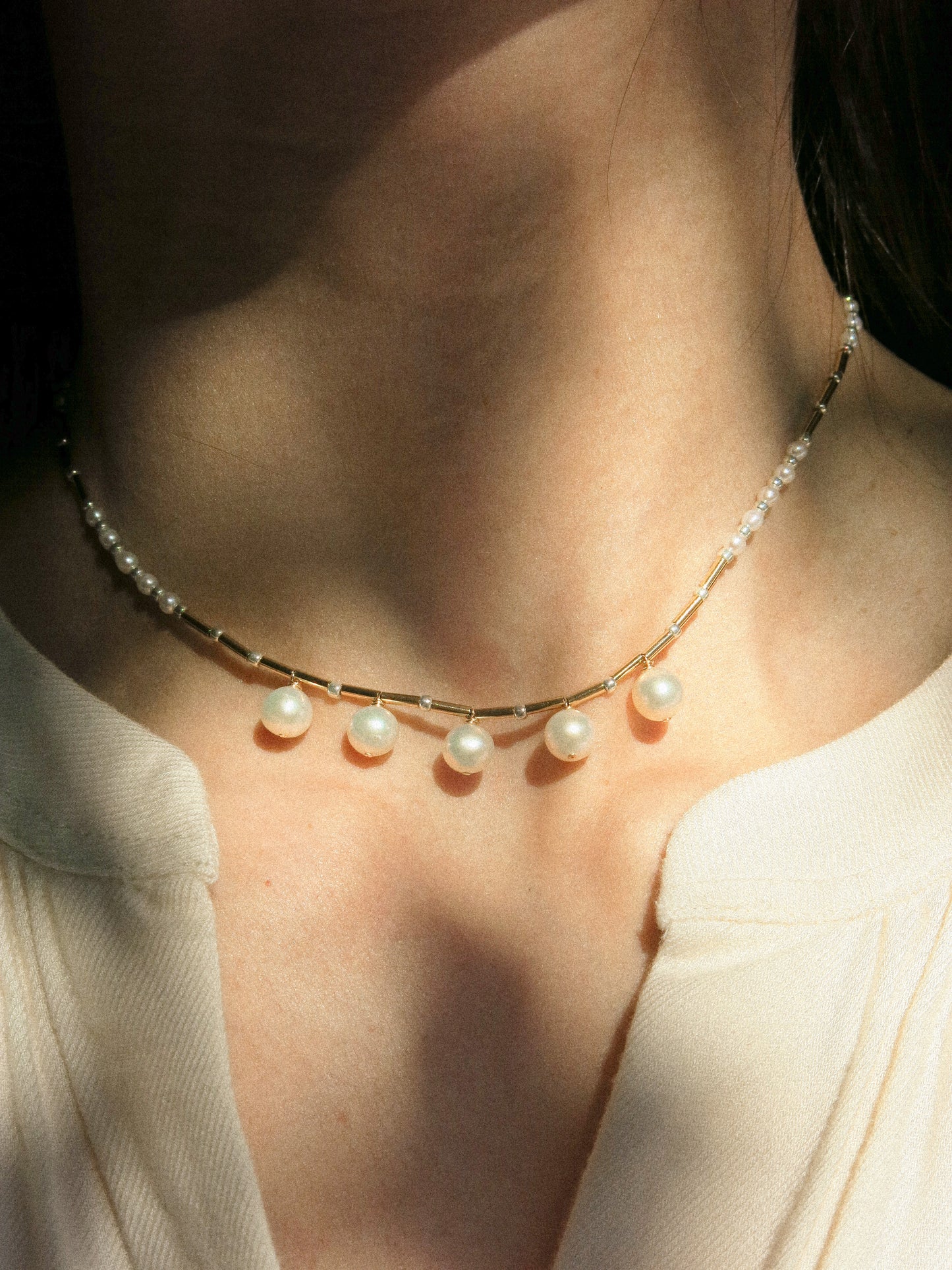 White Round Pearl Strung Choker Necklace with Tube Beads, Rice Pearls and Silver Miyuki Beads, 14", 14k Gold Fill