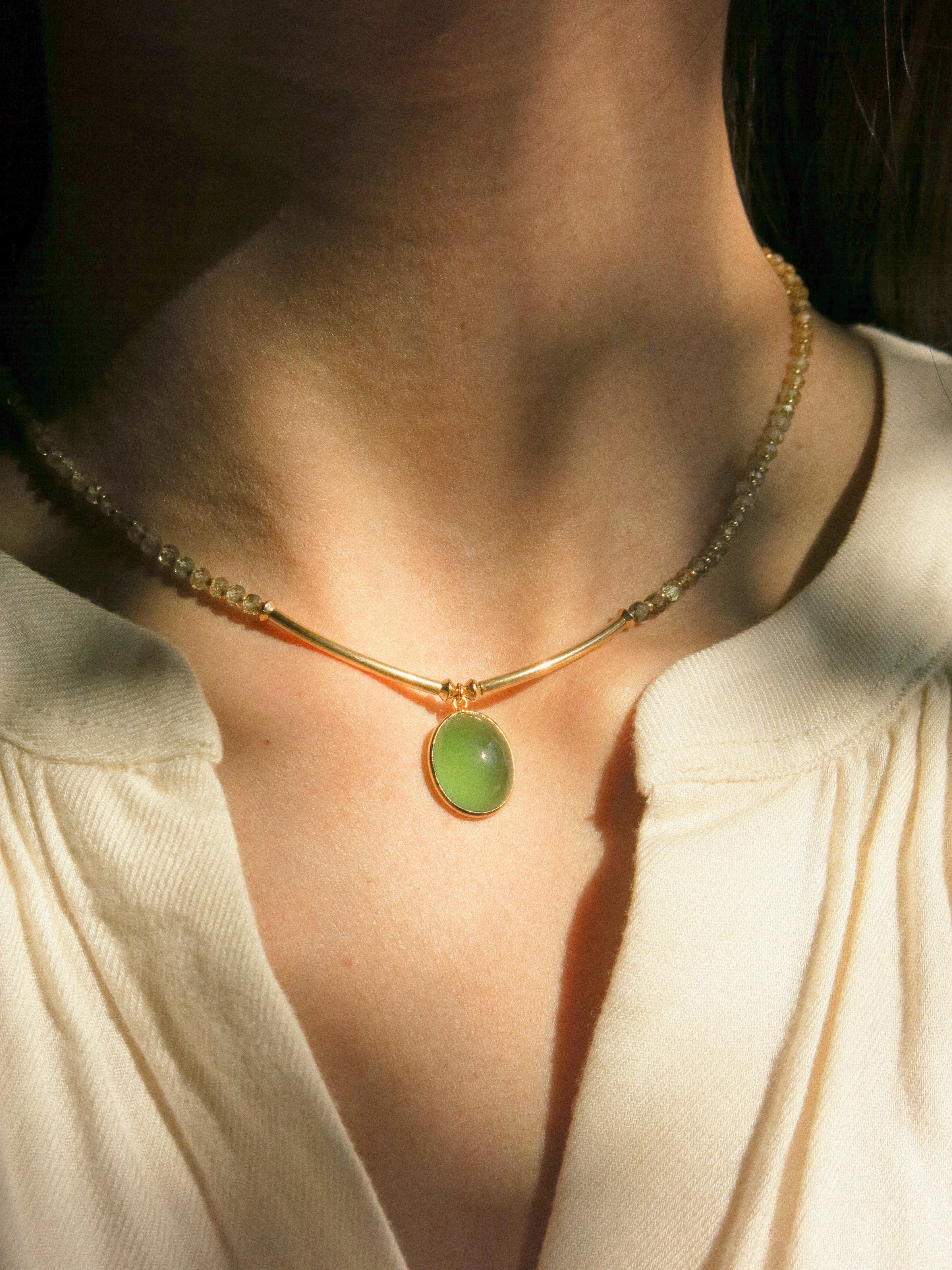 Serpentine 18K Gold Vermeil Bezel Set Pendant on Ombré Faceted Zircon Strung Necklace, 14.5", 14K Gold Fill
