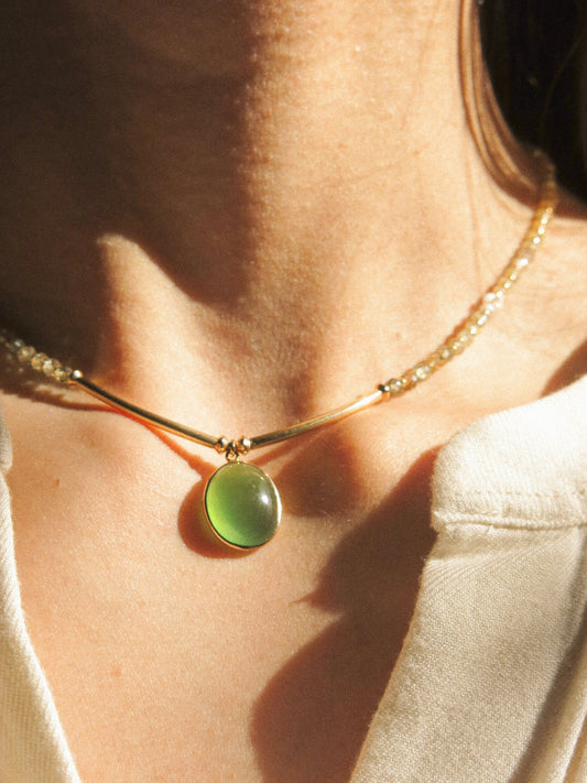 Serpentine 18K Gold Vermeil Bezel Set Pendant on Ombré Faceted Zircon Strung Necklace, 14.5", 14K Gold Fill