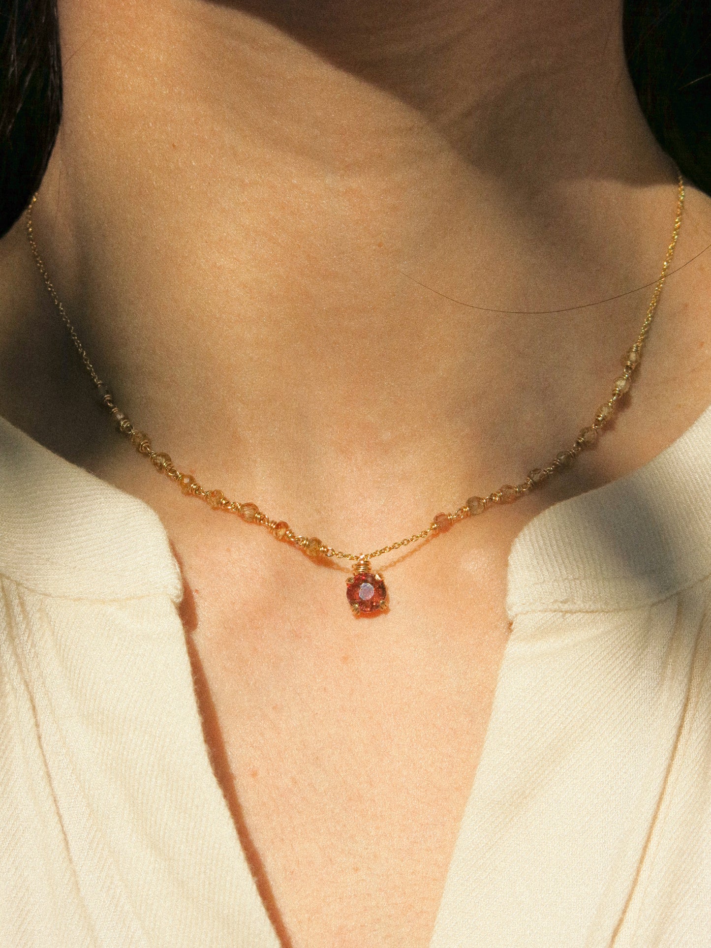 Prong Set Mauve Peach Faceted Round Spinel Necklace with Zircon Ombré Accent, 15", 14K Gold Fill