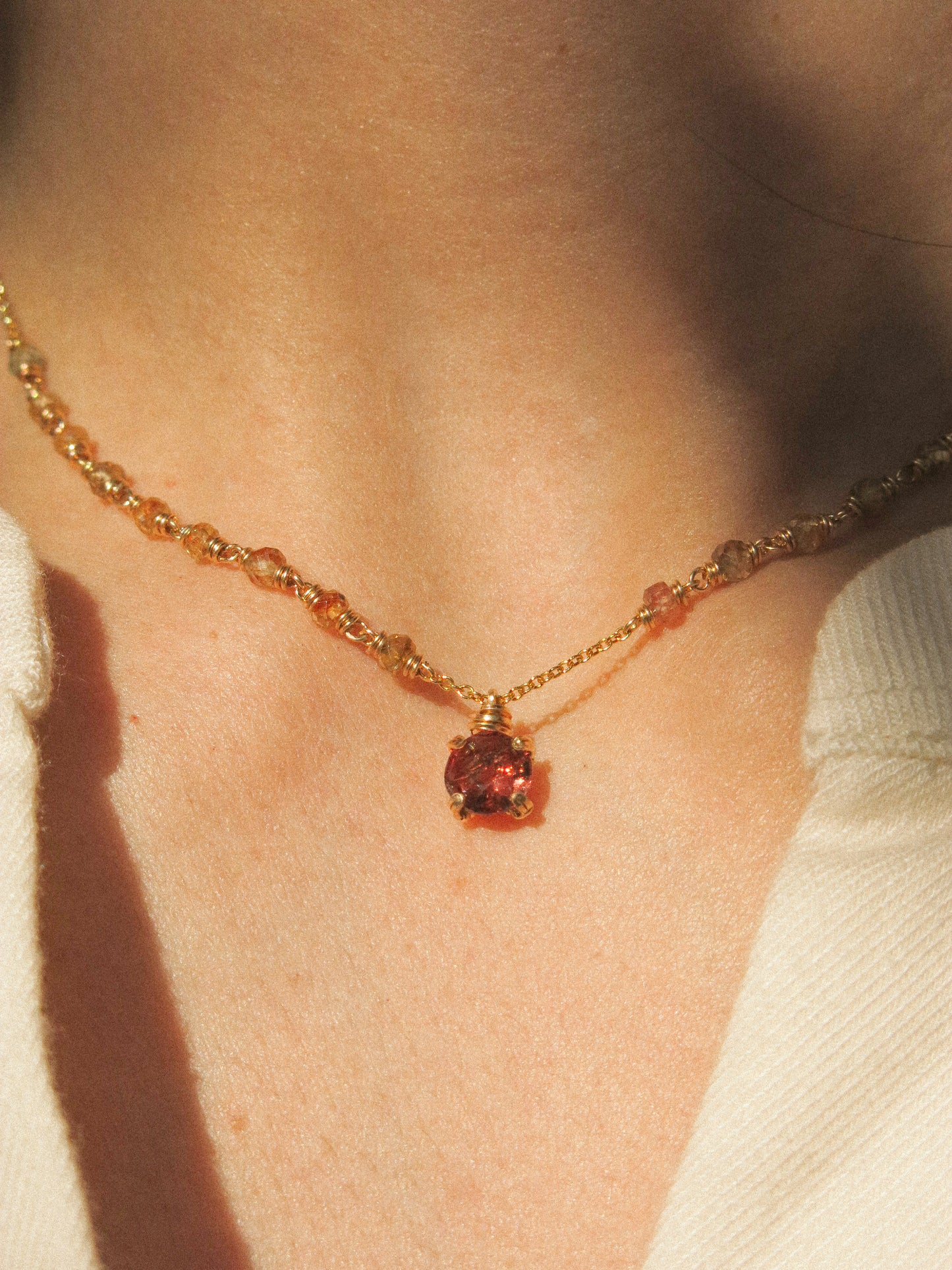 Prong Set Mauve Peach Faceted Round Spinel Necklace with Zircon Ombré Accent, 15", 14K Gold Fill