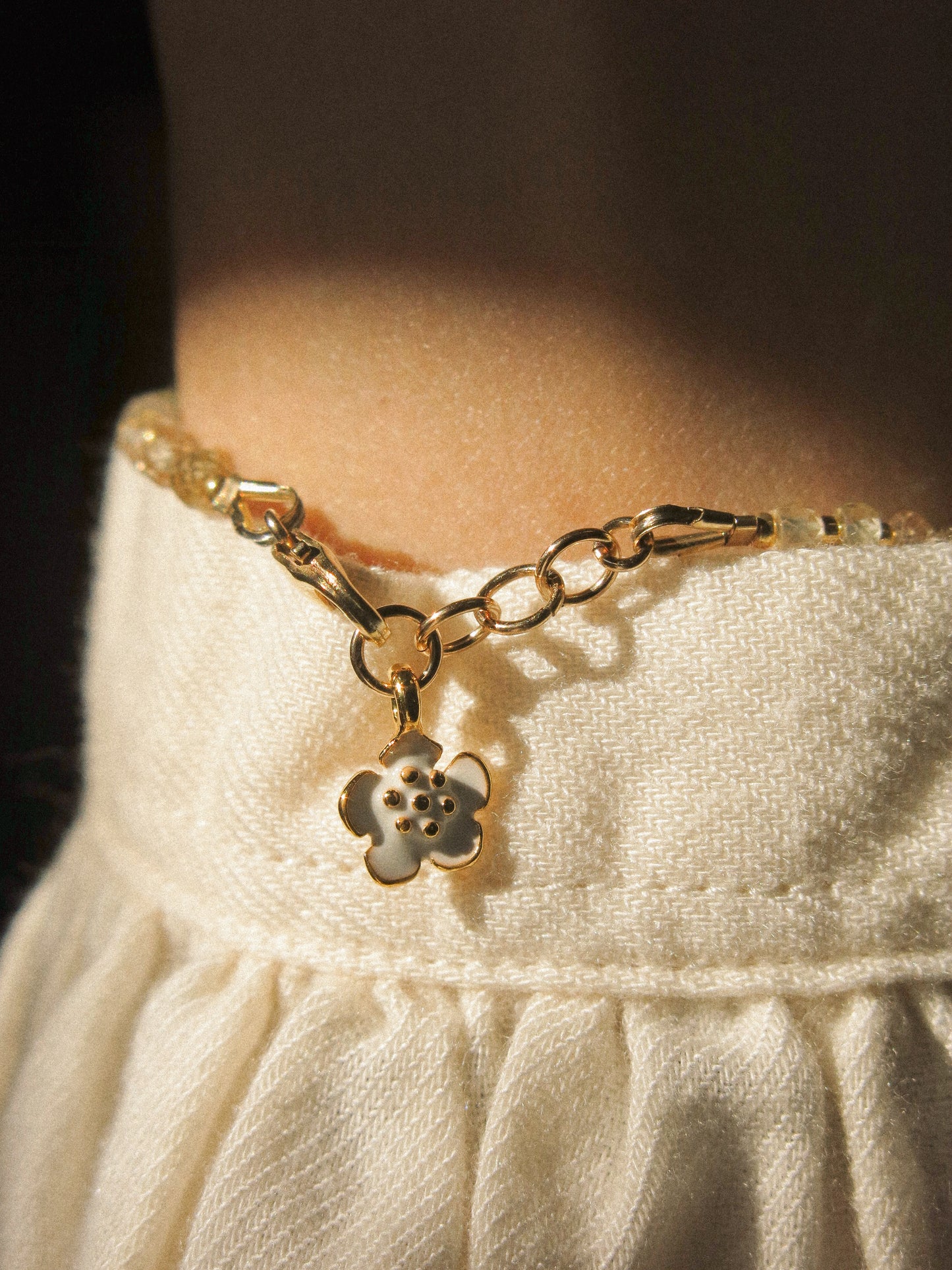 Mauve Ombré Zircon Strung Bracelet #2 with Gold Miyuki Beads and White Sakura Enamel Charm, 6" Adjustable, 14K Gold Fill
