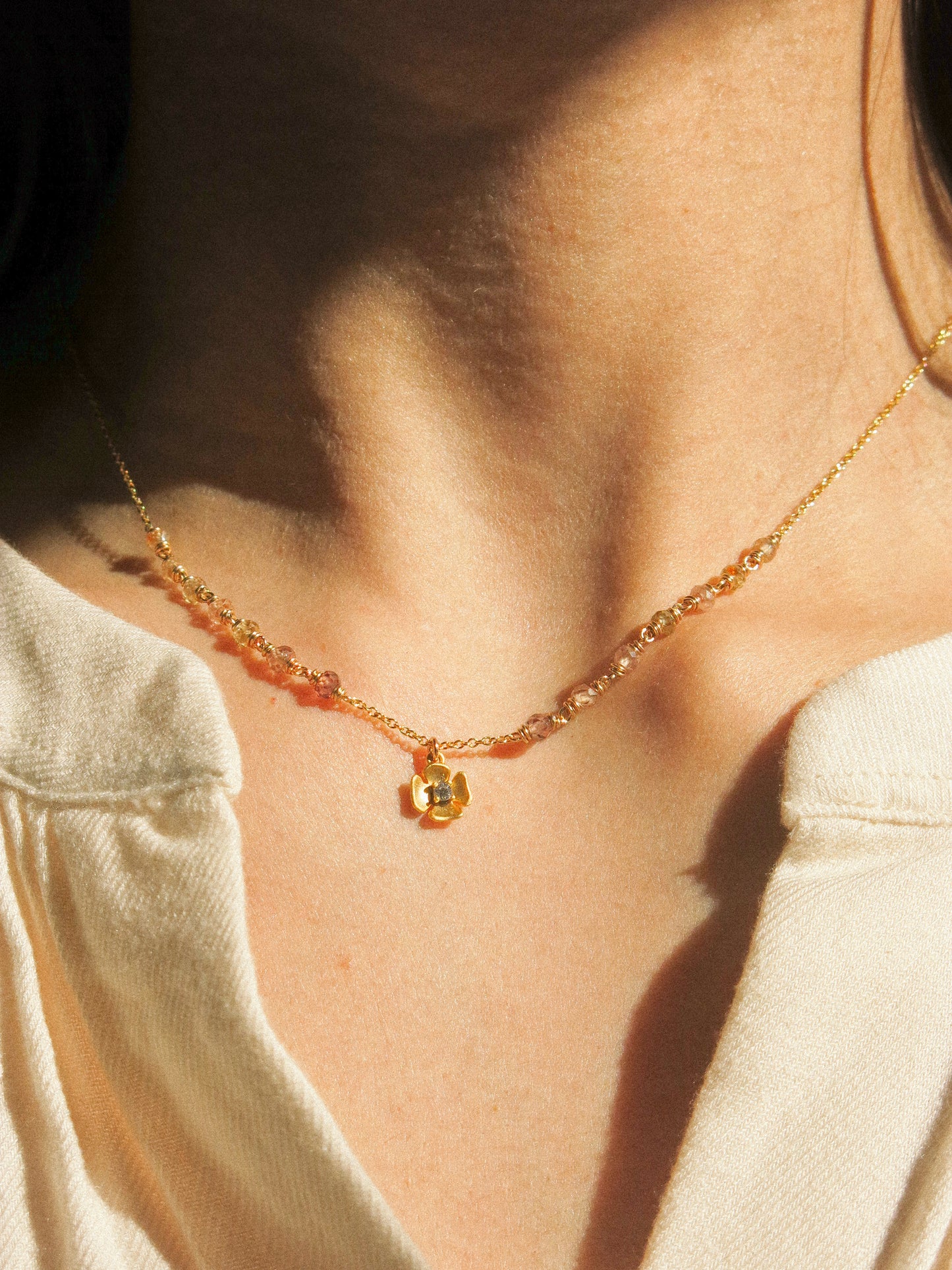 Zirconia Flower Charm Necklace with Zircon Ombré Accent, 16", 14K Gold Fill