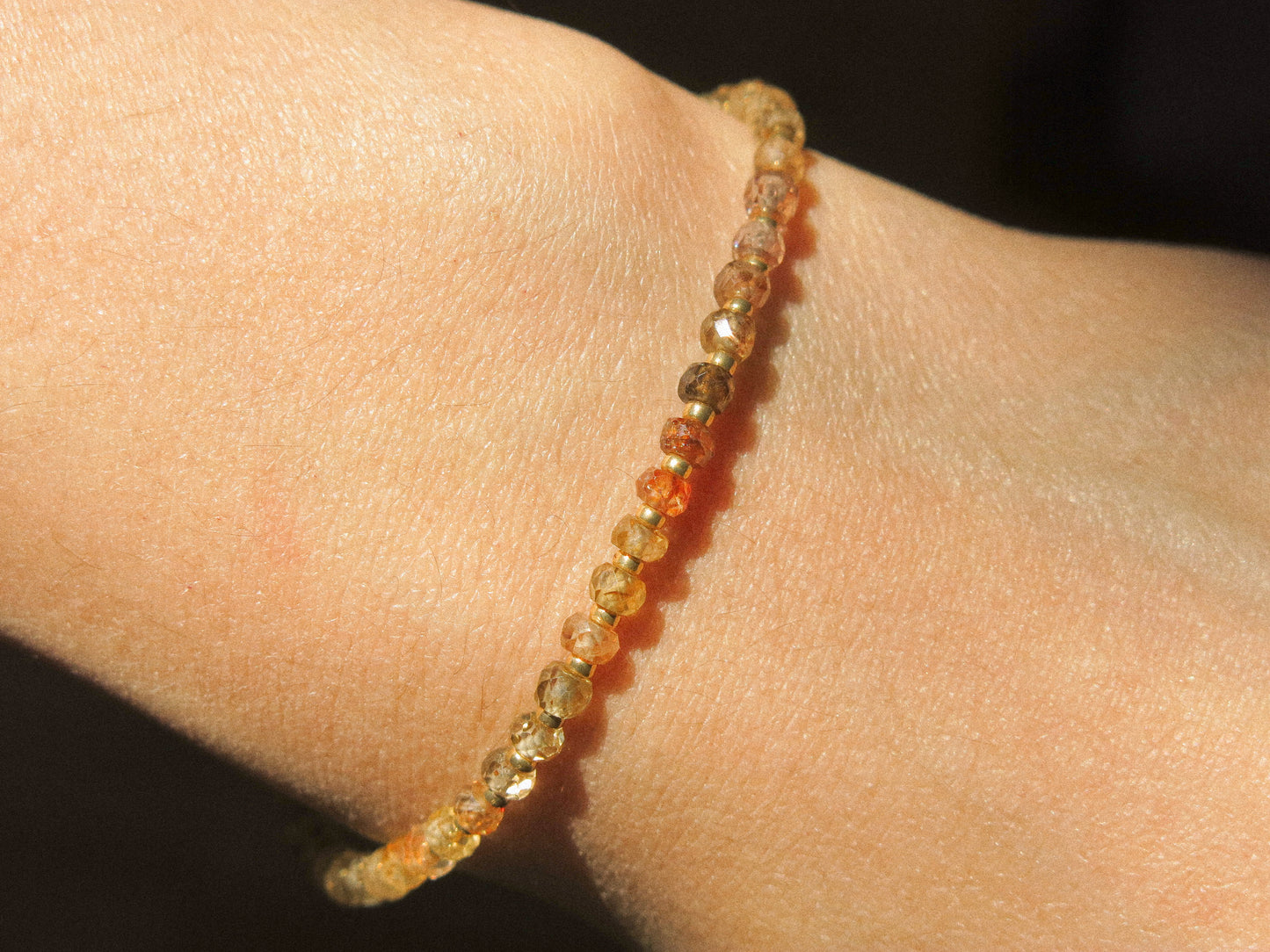 Mauve Ombré Zircon Strung Bracelet #1 with Gold Miyuki Beads and White Sakura Enamel Charm, 6.75" Adjustable, 14K Gold Fill
