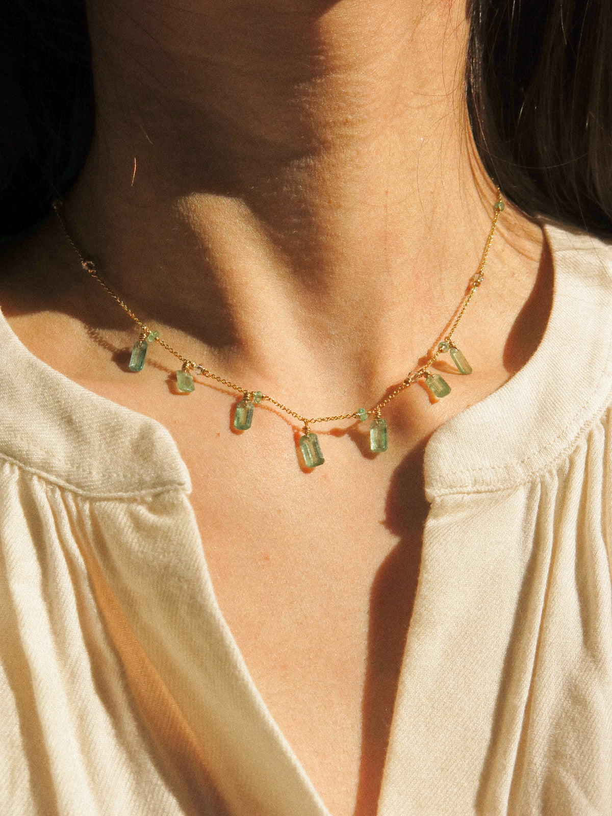 Baguette Cut Green Kyanite Charm Necklace with Zambian Emerald and Swarovski Crystal, 14K Gold Fill
