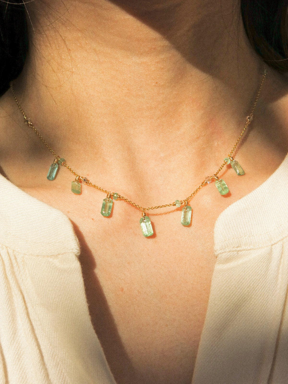 Baguette Cut Green Kyanite Charm Necklace with Zambian Emerald and Swarovski Crystal, 14K Gold Fill
