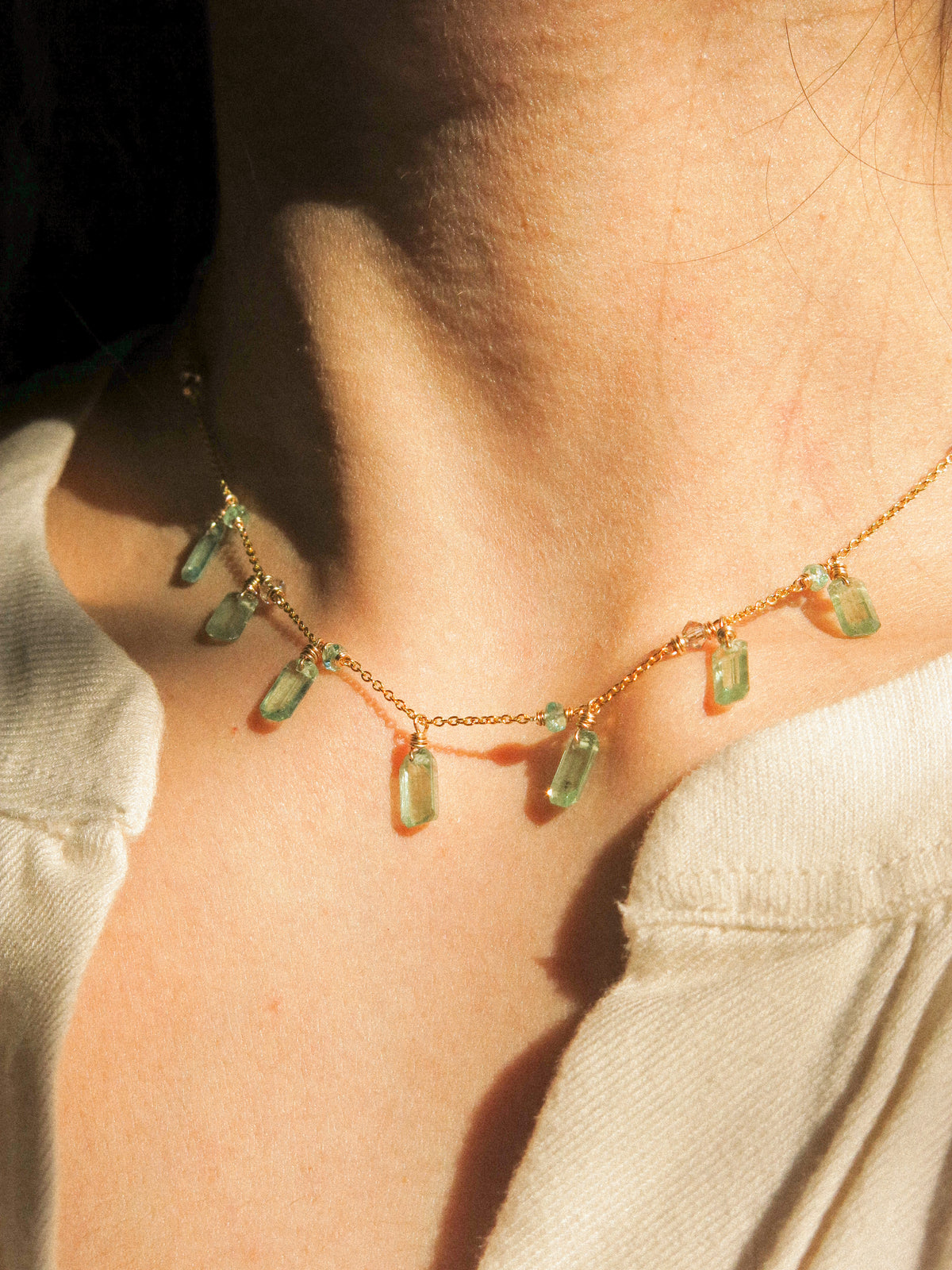 Baguette Cut Green Kyanite Charm Necklace with Zambian Emerald and Swarovski Crystal, 14K Gold Fill