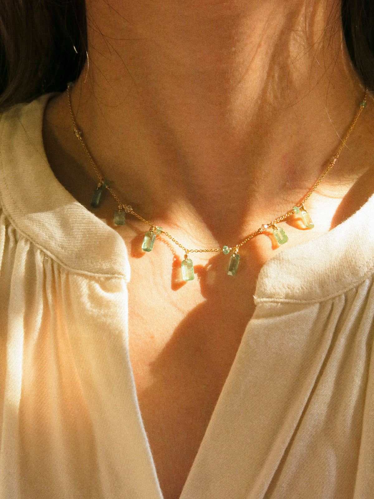 Baguette Cut Green Kyanite Charm Necklace with Zambian Emerald and Swarovski Crystal, 14K Gold Fill