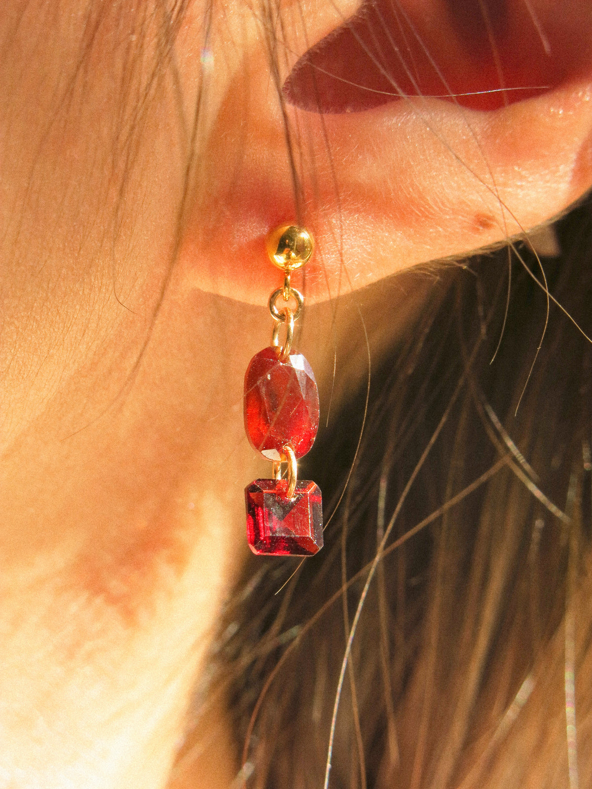 Hessonite Garnet and Mozambique Garnet Post Earrings, 14K Gold Fill