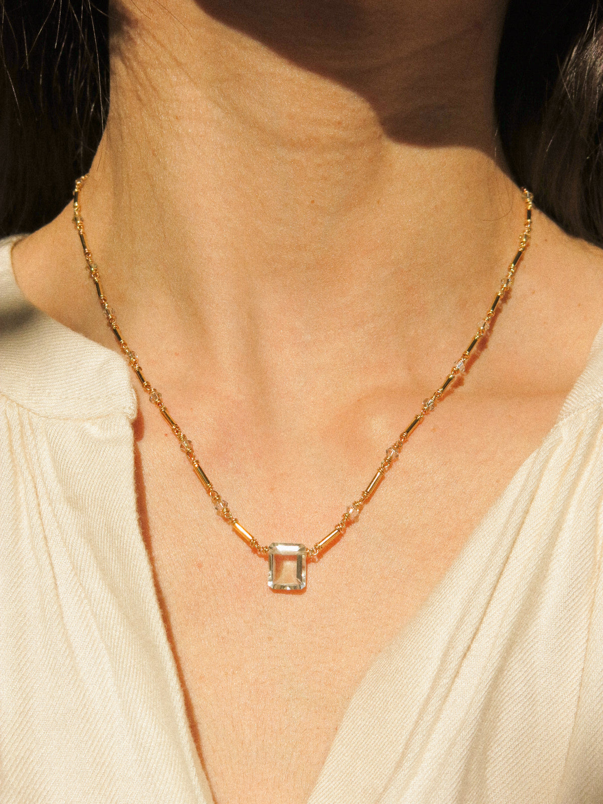 Emerald Cut Prasiolite Necklace with Tube Gold Fill Beads and Swarovski Crystal Chain, 14K Gold Fill