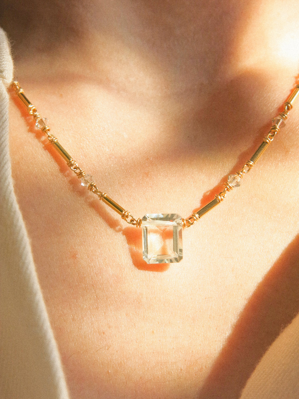 Emerald Cut Prasiolite Necklace with Tube Gold Fill Beads and Swarovski Crystal Chain, 14K Gold Fill