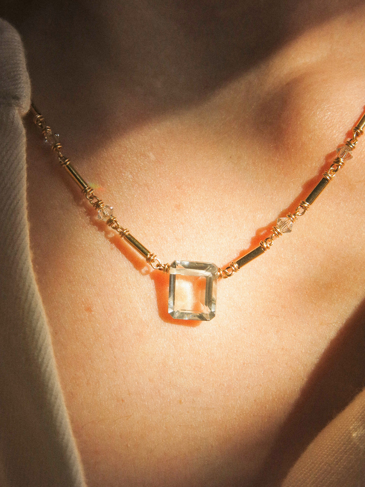 Emerald Cut Prasiolite Necklace with Tube Gold Fill Beads and Swarovski Crystal Chain, 14K Gold Fill