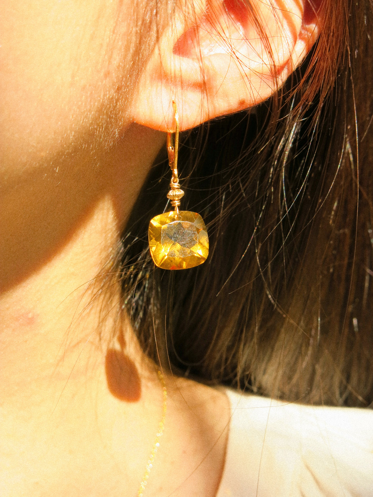 Cushion Cut Cognac Quartz Lever Back Earrings, 14K Gold Fill