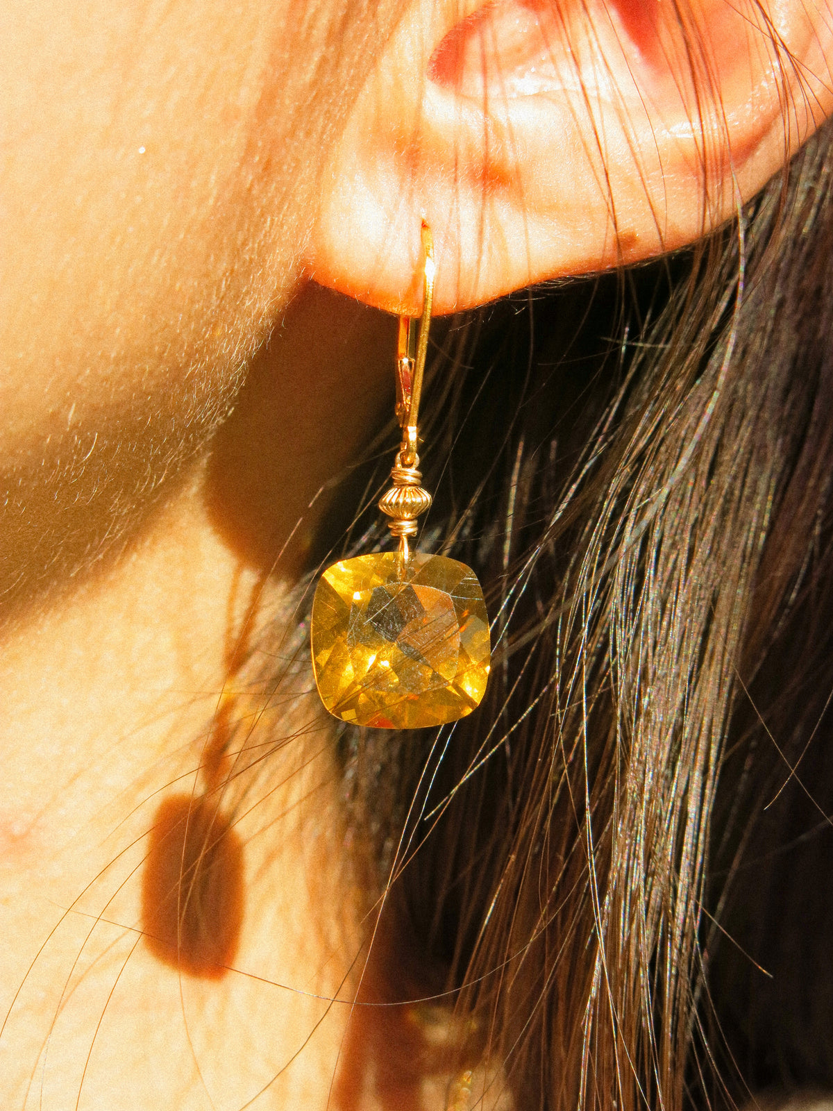Cushion Cut Cognac Quartz Lever Back Earrings, 14K Gold Fill