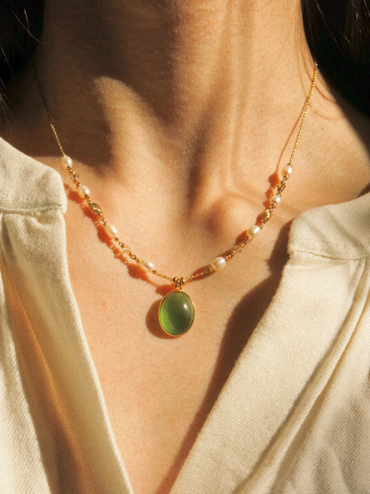 Serpentine Gold Vermeil Bezel Pendant Necklace with White Pearl and Swarovski Crystal, 14K Gold Fill
