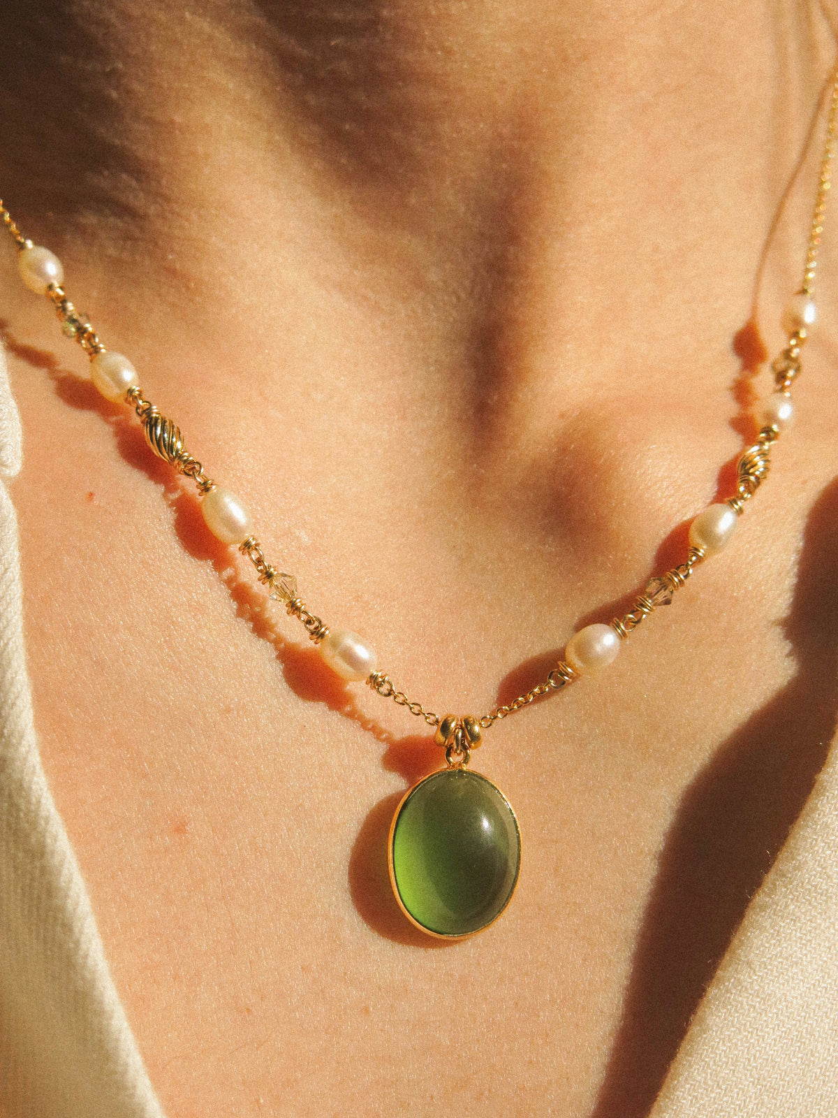 Serpentine Gold Vermeil Bezel Pendant Necklace with White Pearl and Swarovski Crystal, 14K Gold Fill