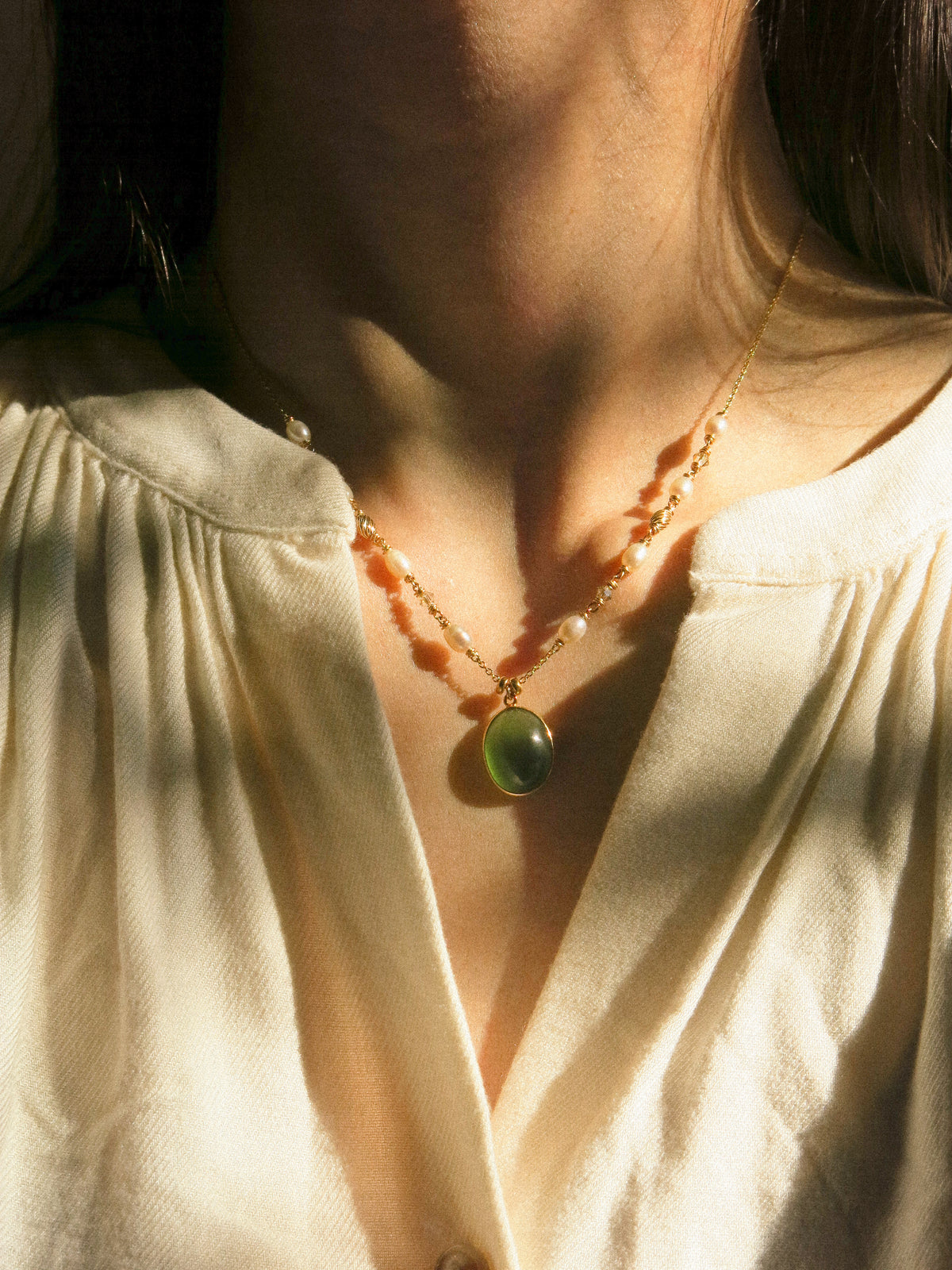 Serpentine Gold Vermeil Bezel Pendant Necklace with White Pearl and Swarovski Crystal, 14K Gold Fill