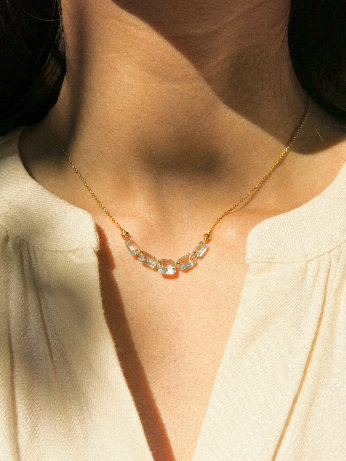 Five Petit Faceted Aquamarine Dainty Necklace, 14K Gold Fill
