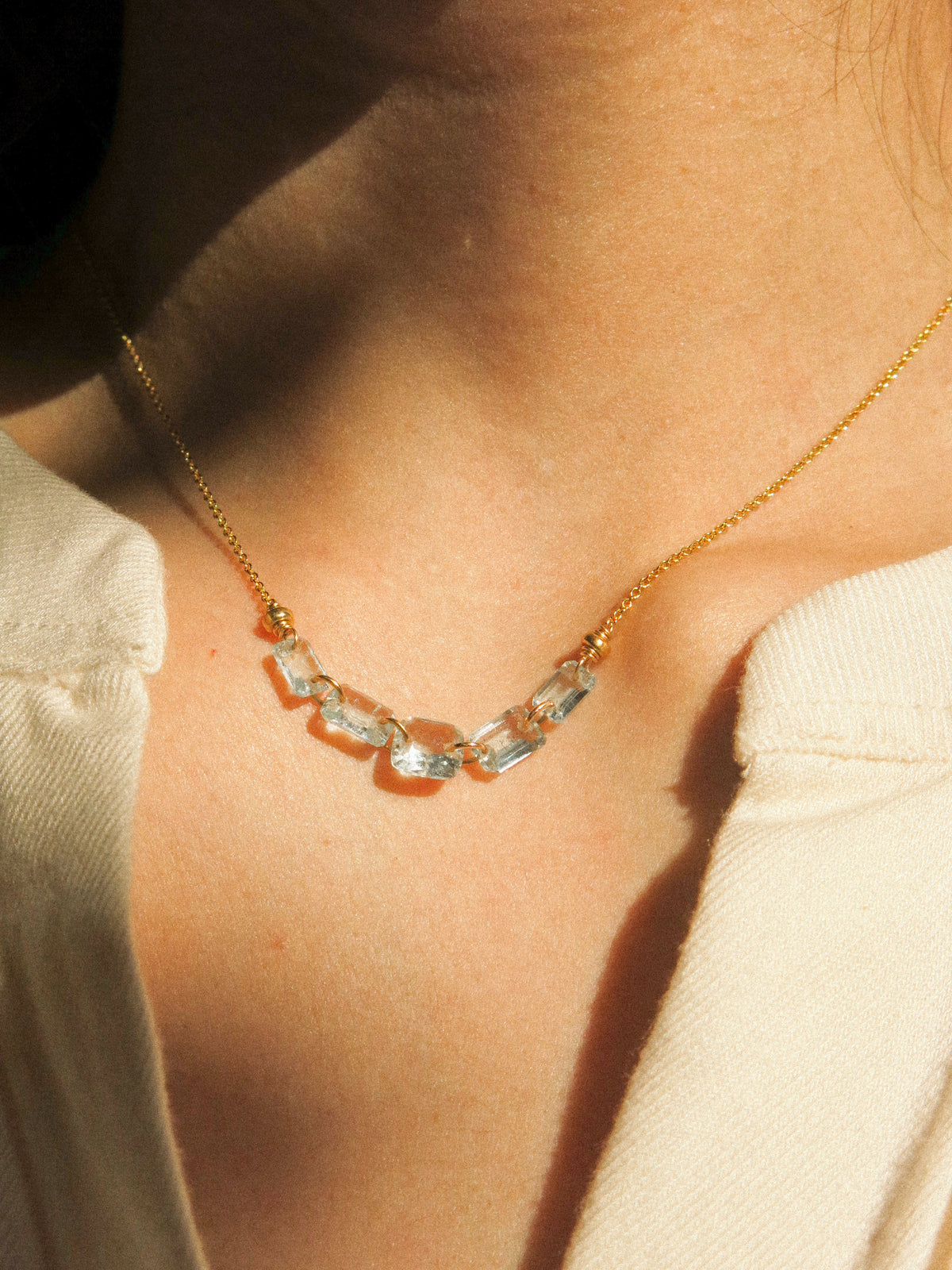Five Petit Faceted Aquamarine Dainty Necklace, 14K Gold Fill