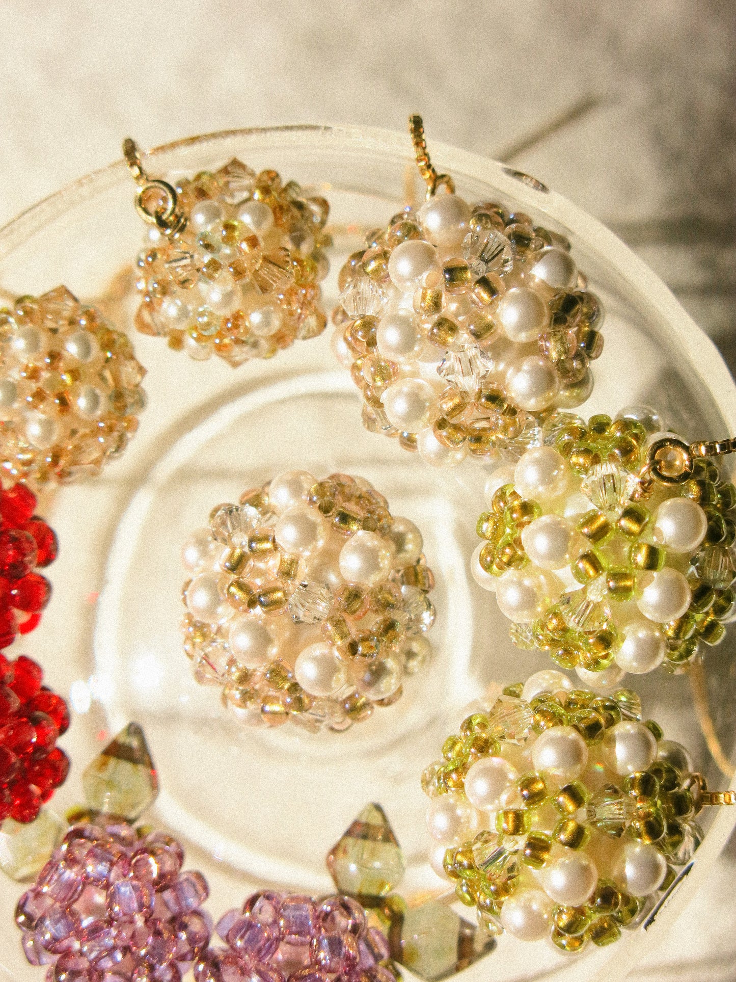 Sphere Threaders in Sand: Beaded with Miyuki Glass Beads, Swarovski Crystals and Edison Pearl Core, 14K Gold Fill