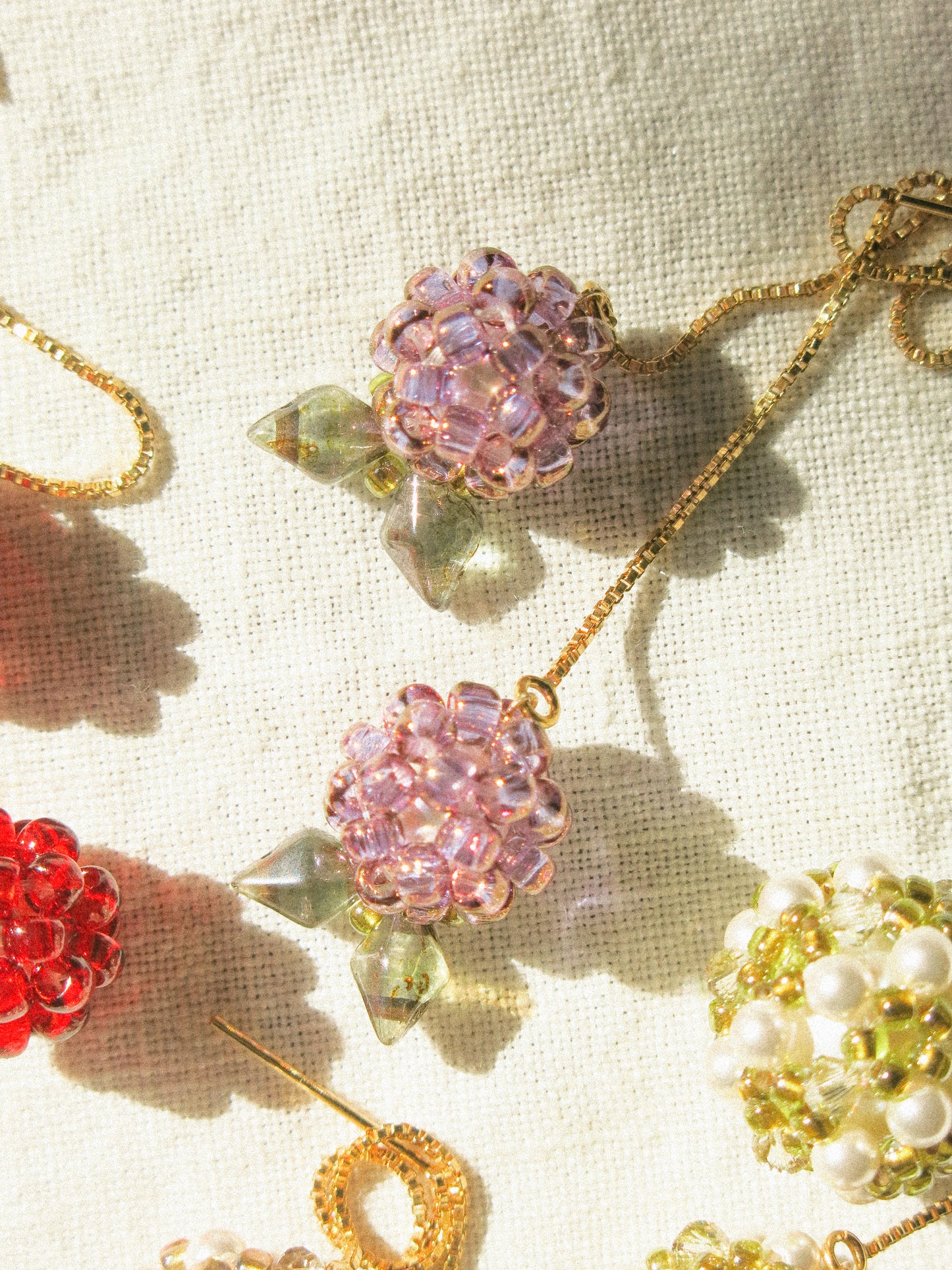 Plum Threader Earrings with Leaf, 14K Gold Fill