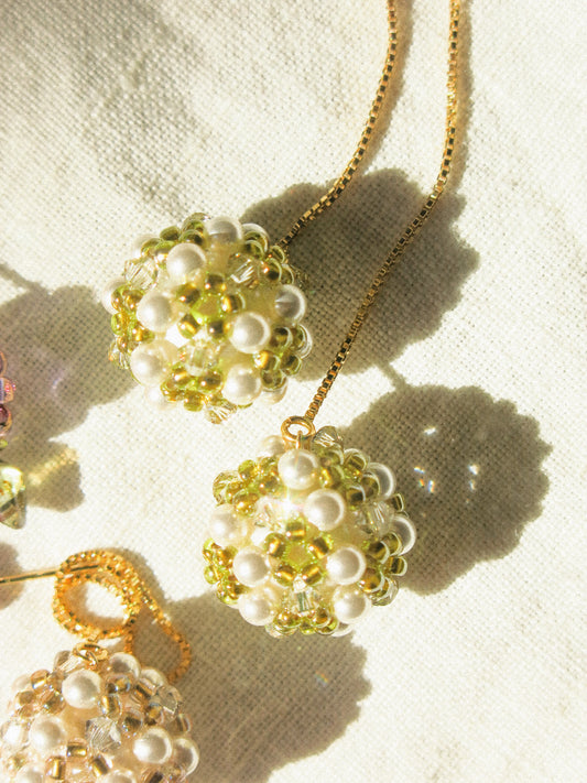 Sphere Threaders in Meadow: Beaded with Miyuki Glass Beads, Swarovski Crystals and Edison Pearl Core, 14K Gold Fill