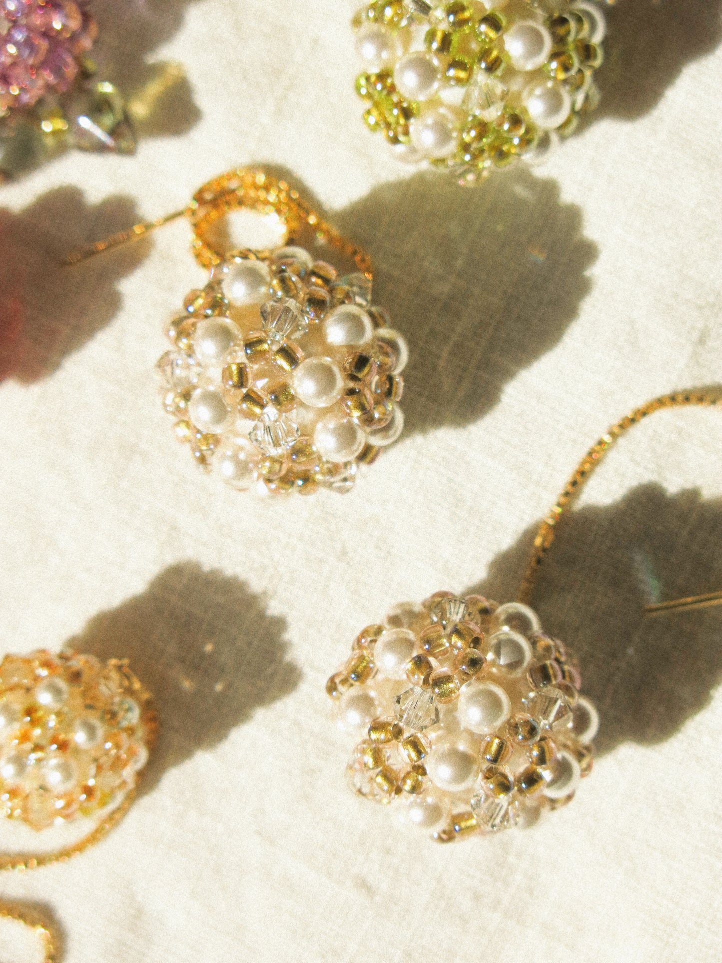 Sphere Threaders in Sand: Beaded with Miyuki Glass Beads, Swarovski Crystals and Edison Pearl Core, 14K Gold Fill