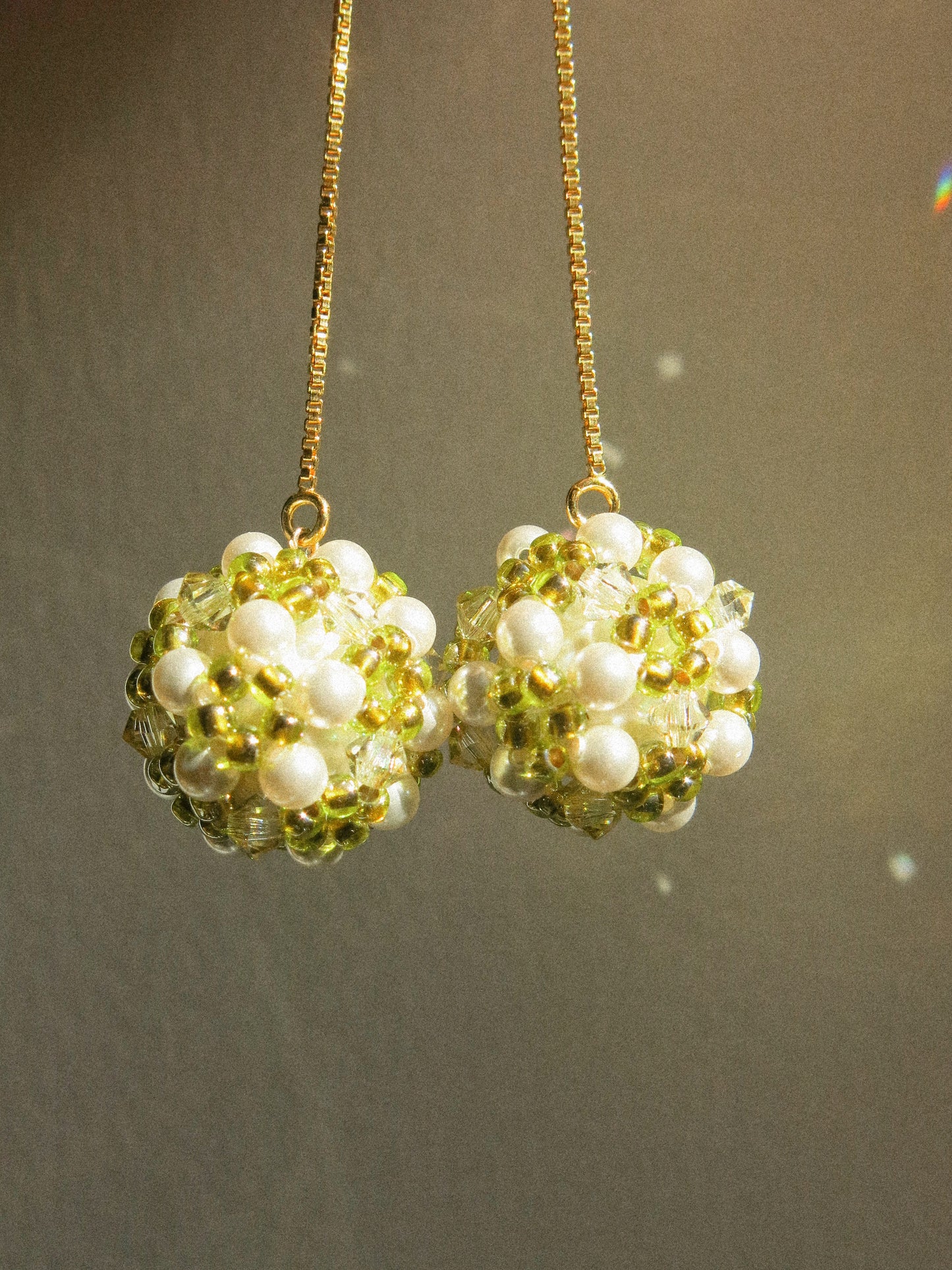 Sphere Threaders in Meadow: Beaded with Miyuki Glass Beads, Swarovski Crystals and Edison Pearl Core, 14K Gold Fill