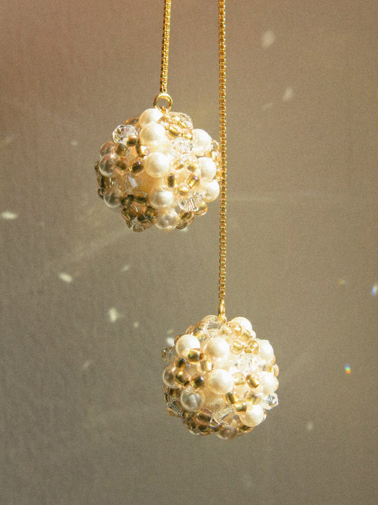 Sphere Threaders in Sand: Beaded with Miyuki Glass Beads, Swarovski Crystals and Edison Pearl Core, 14K Gold Fill