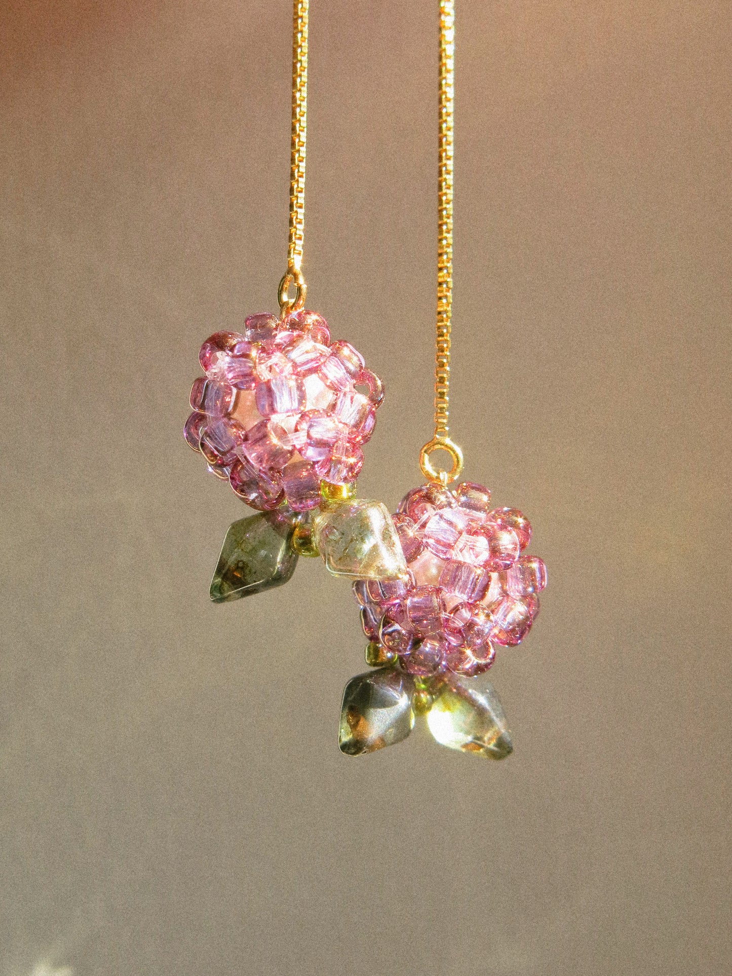 Plum Threader Earrings with Leaf, 14K Gold Fill