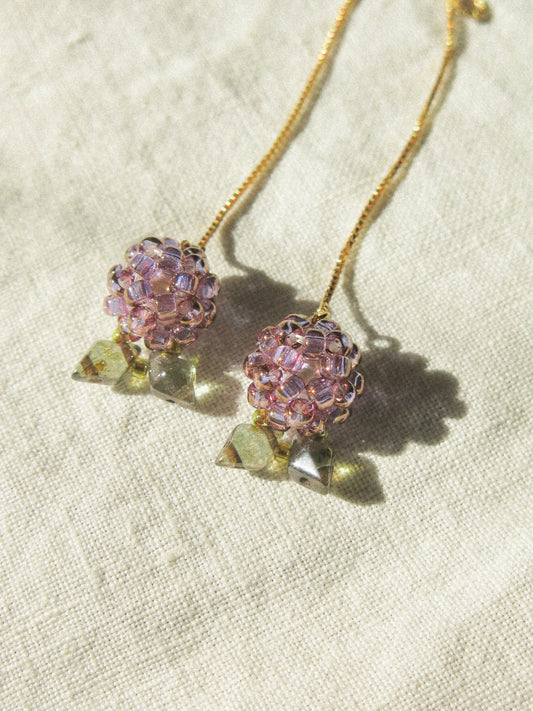 Plum Threader Earrings with Leaf, 14K Gold Fill