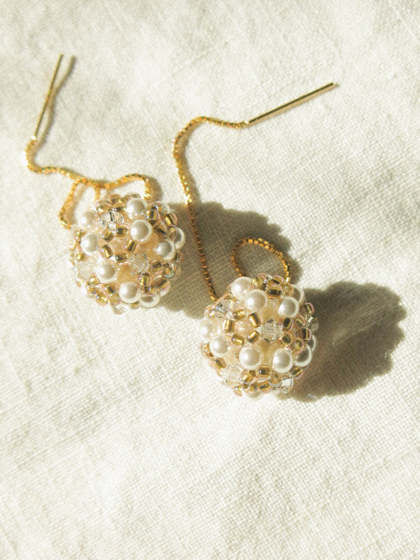 Sphere Threaders in Sand: Beaded with Miyuki Glass Beads, Swarovski Crystals and Edison Pearl Core, 14K Gold Fill