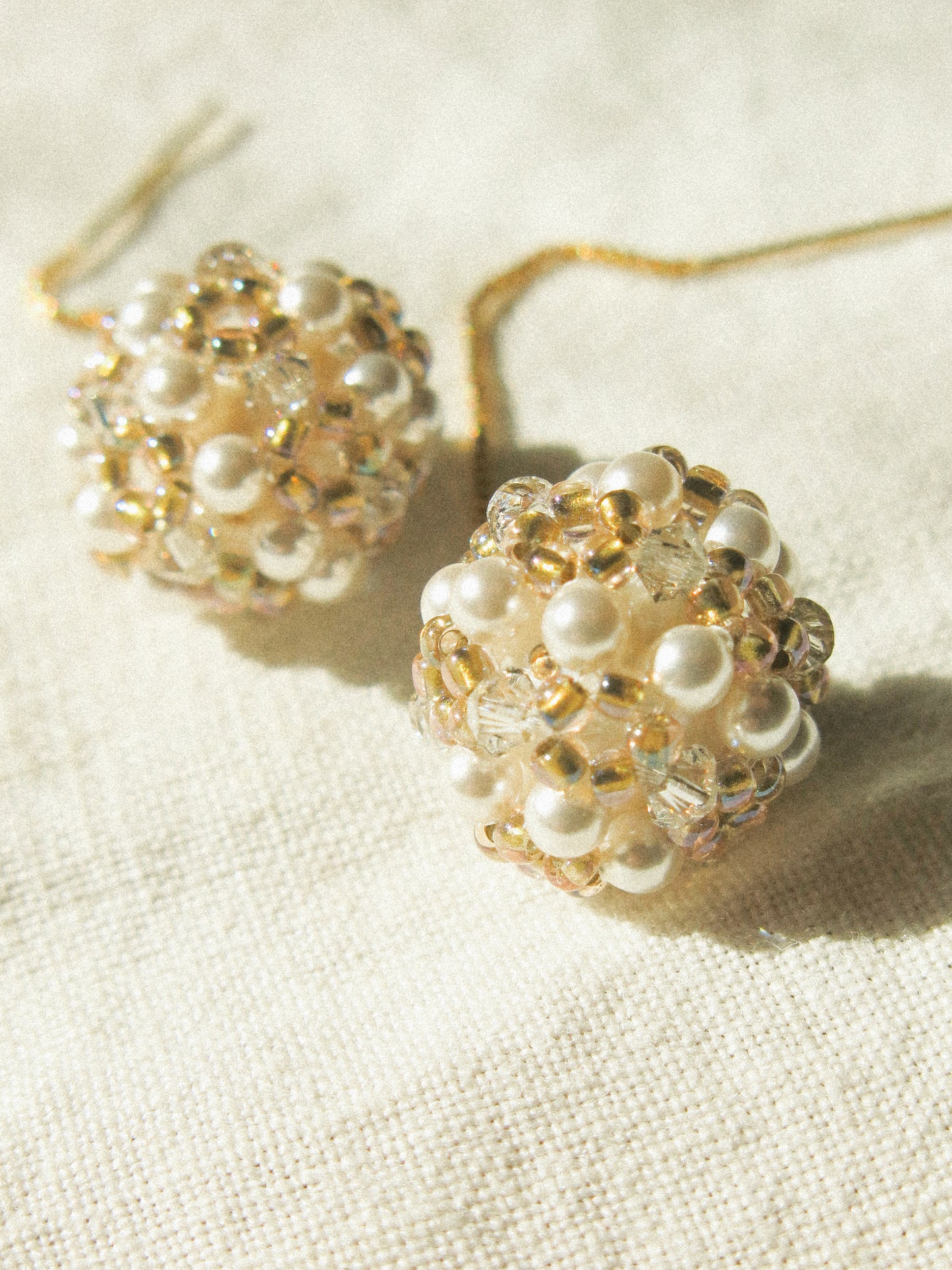 Sphere Threaders in Sand: Beaded with Miyuki Glass Beads, Swarovski Crystals and Edison Pearl Core, 14K Gold Fill