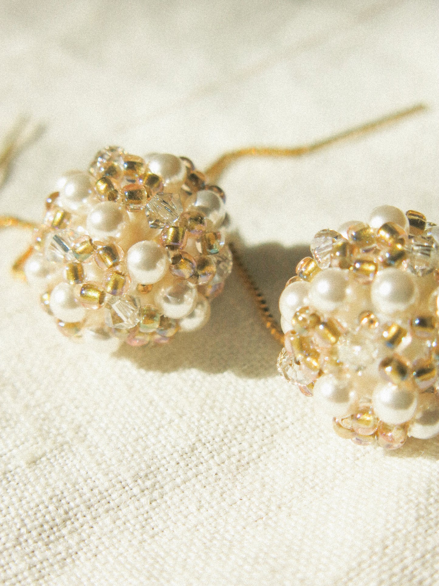 Sphere Threaders in Sand: Beaded with Miyuki Glass Beads, Swarovski Crystals and Edison Pearl Core, 14K Gold Fill