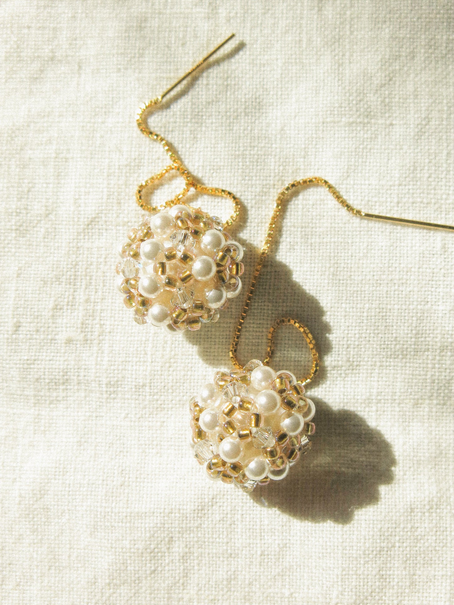 Sphere Threaders in Sand: Beaded with Miyuki Glass Beads, Swarovski Crystals and Edison Pearl Core, 14K Gold Fill