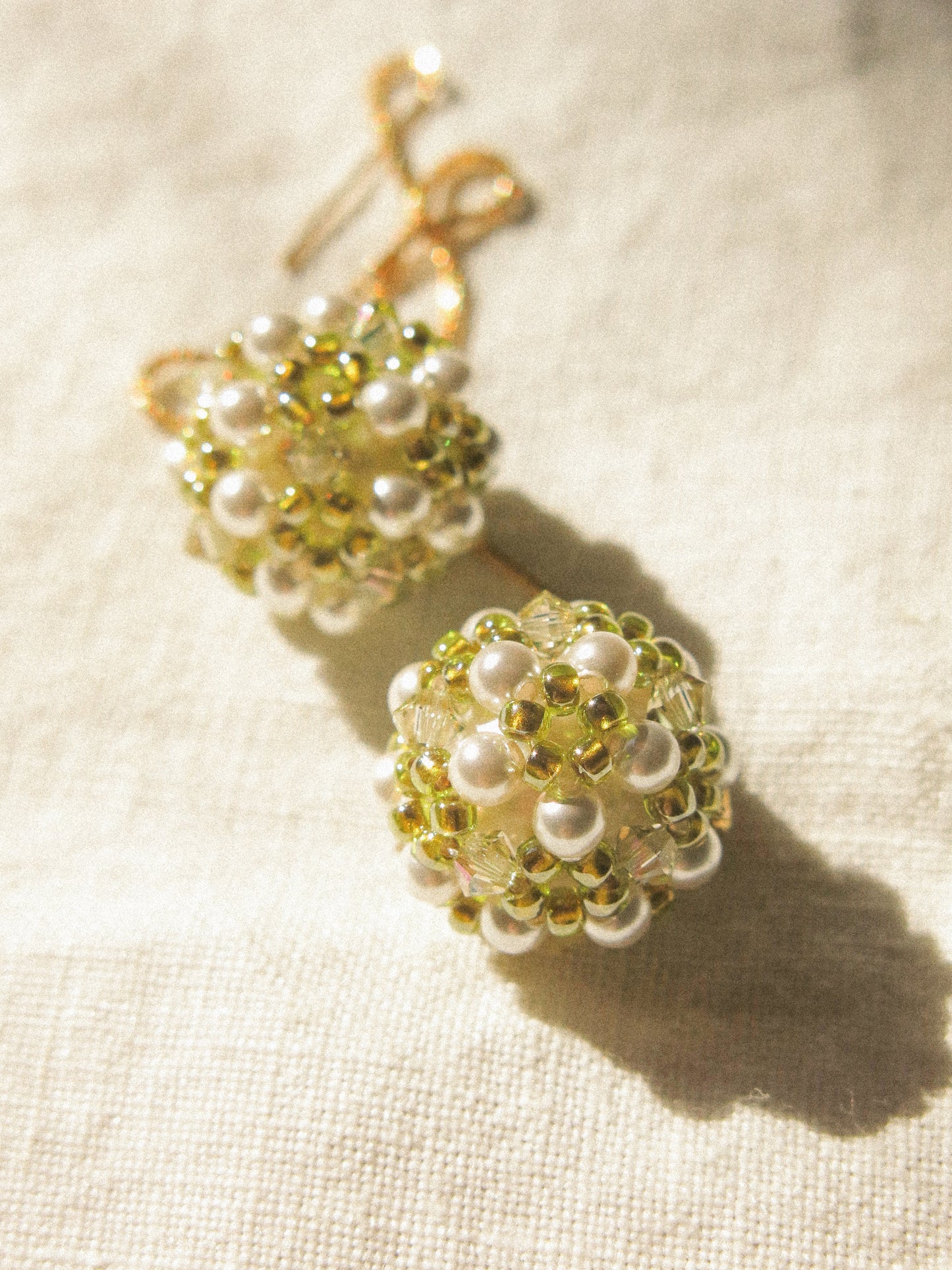 Sphere Threaders in Meadow: Beaded with Miyuki Glass Beads, Swarovski Crystals and Edison Pearl Core, 14K Gold Fill