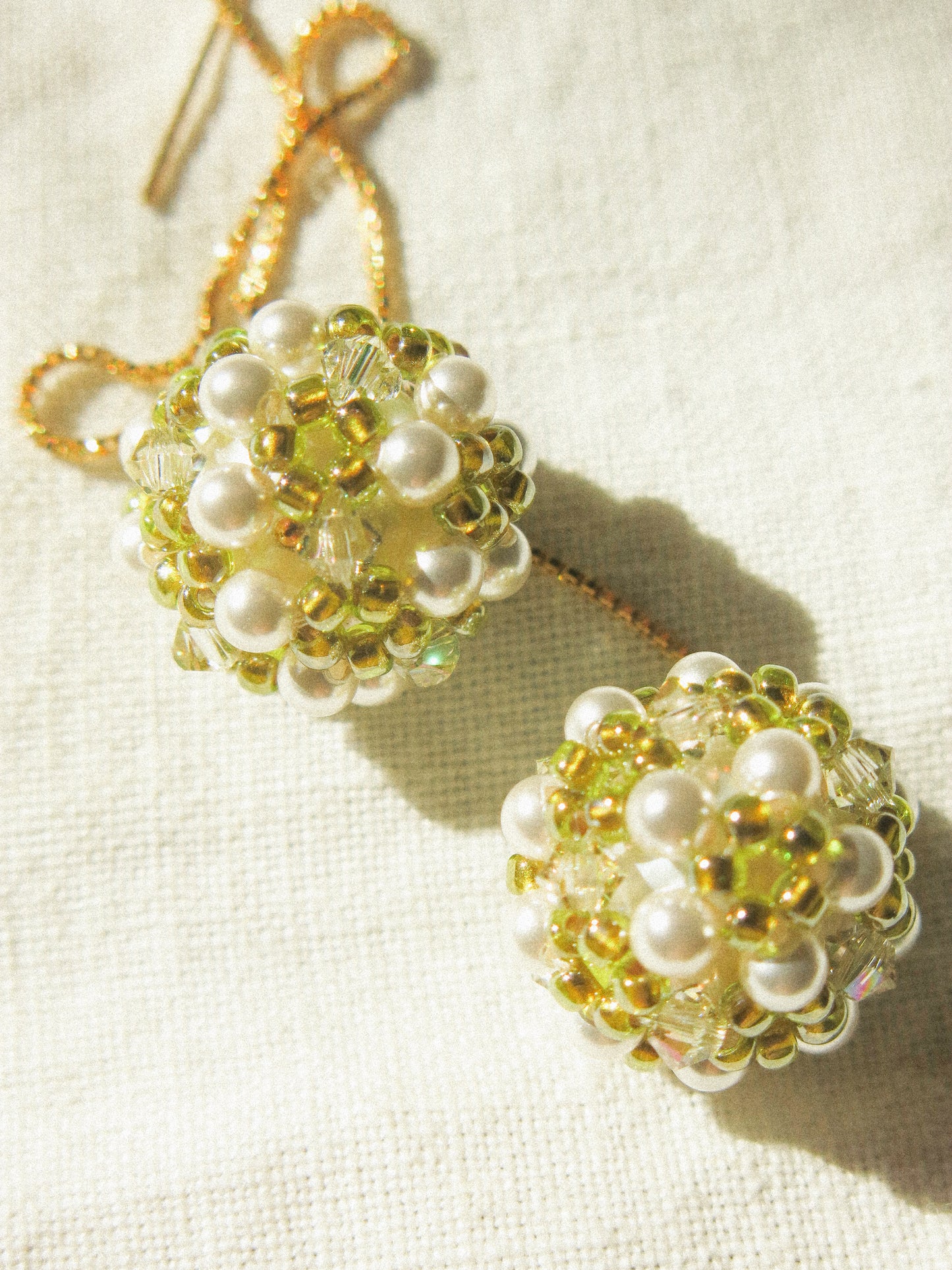 Sphere Threaders in Meadow: Beaded with Miyuki Glass Beads, Swarovski Crystals and Edison Pearl Core, 14K Gold Fill