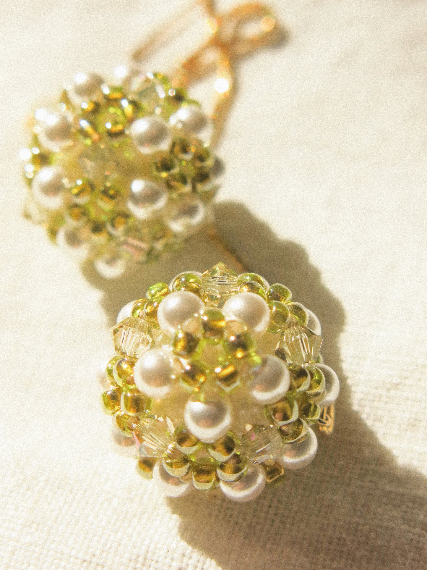 Sphere Threaders in Meadow: Beaded with Miyuki Glass Beads, Swarovski Crystals and Edison Pearl Core, 14K Gold Fill