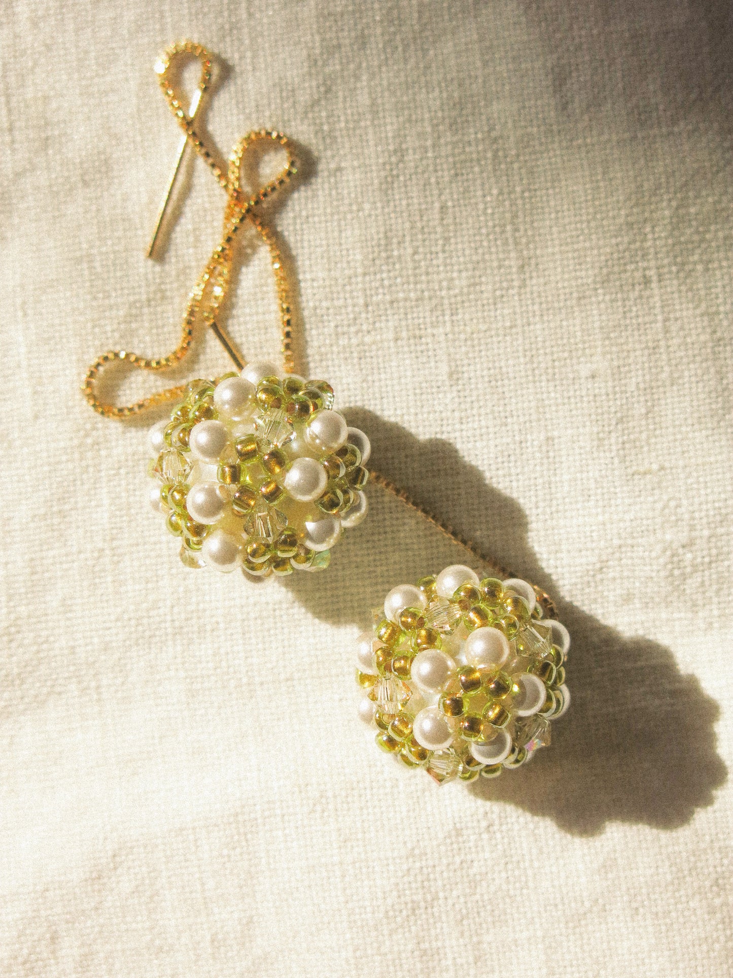 Sphere Threaders in Meadow: Beaded with Miyuki Glass Beads, Swarovski Crystals and Edison Pearl Core, 14K Gold Fill